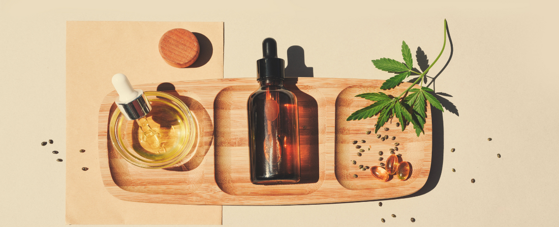 CBD products on wooden board