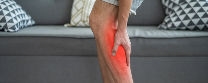 Man holding his leg who has visible muscle pain