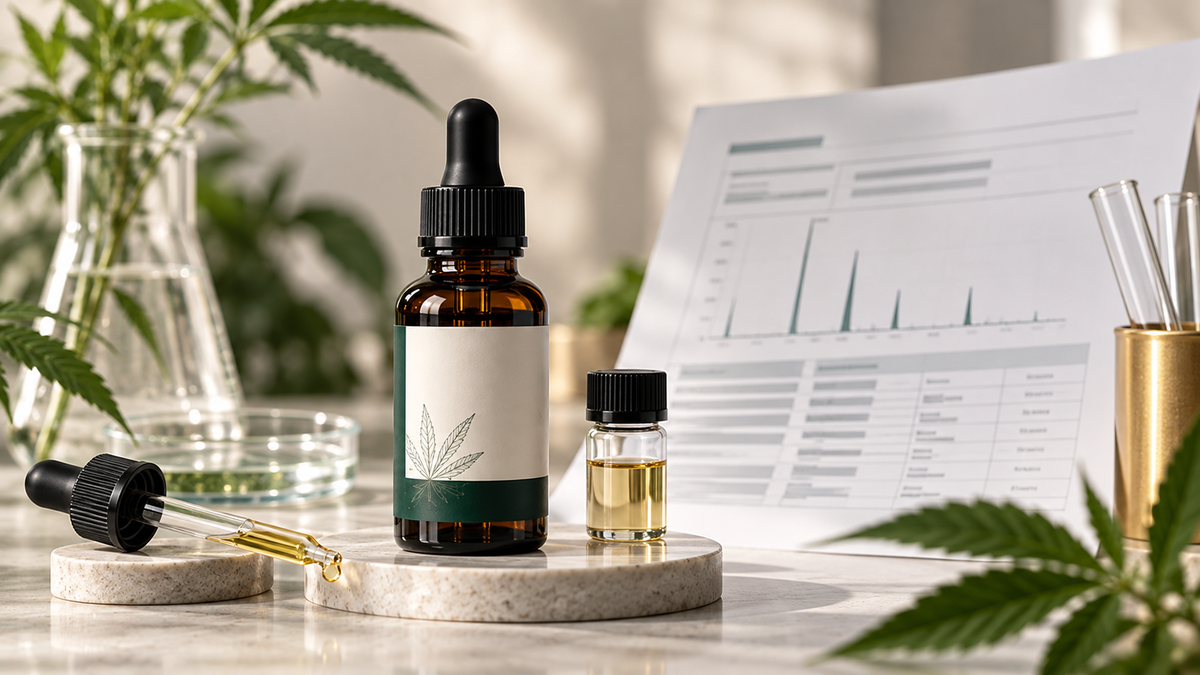 CBD oil bottle beside a laboratory report and glassware for a guide to THC-free CBD claims