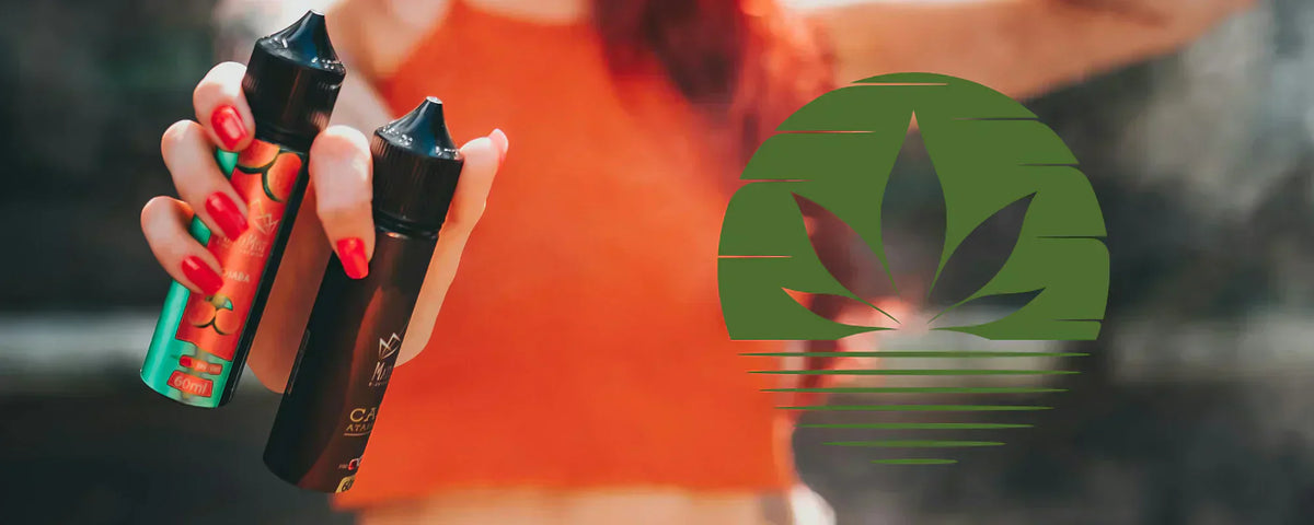 Woman holding CBD e-liquids with a badge of a hemp leaf
