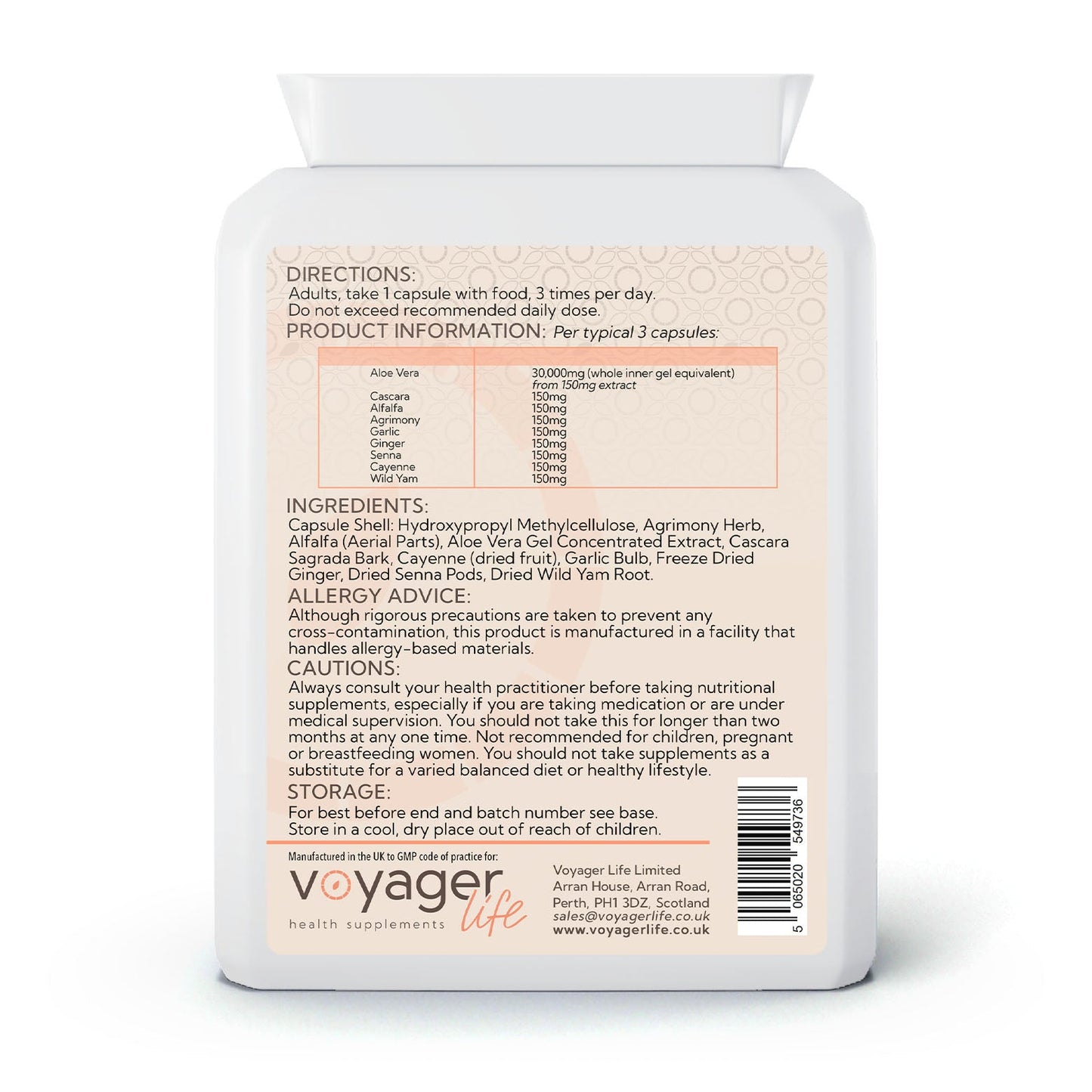 Voyager Aloe Colon Complex Plus 90 Capsules - back view