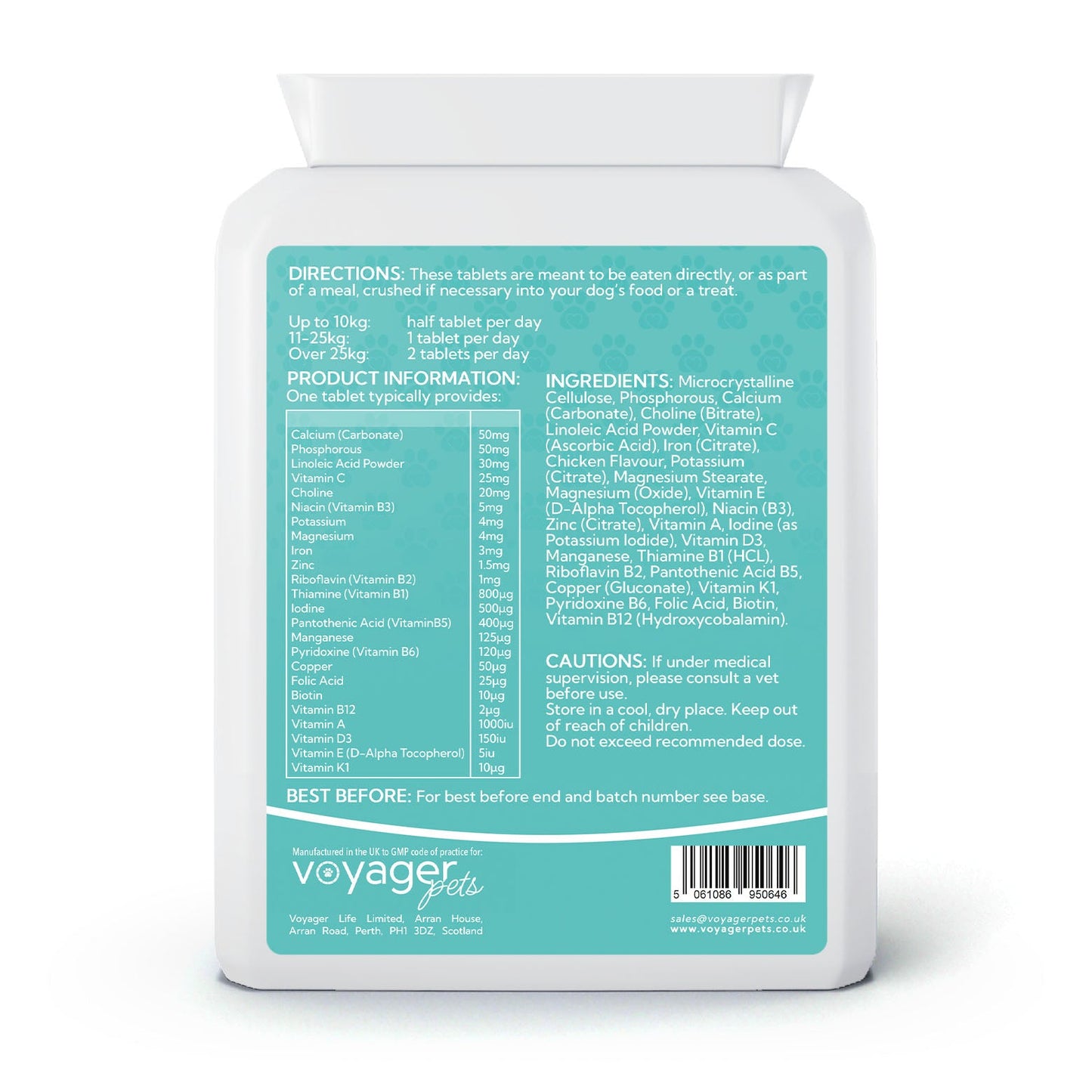 Voyager Multivitamin for Dogs 120 Chicken Flavour Tablets - back view