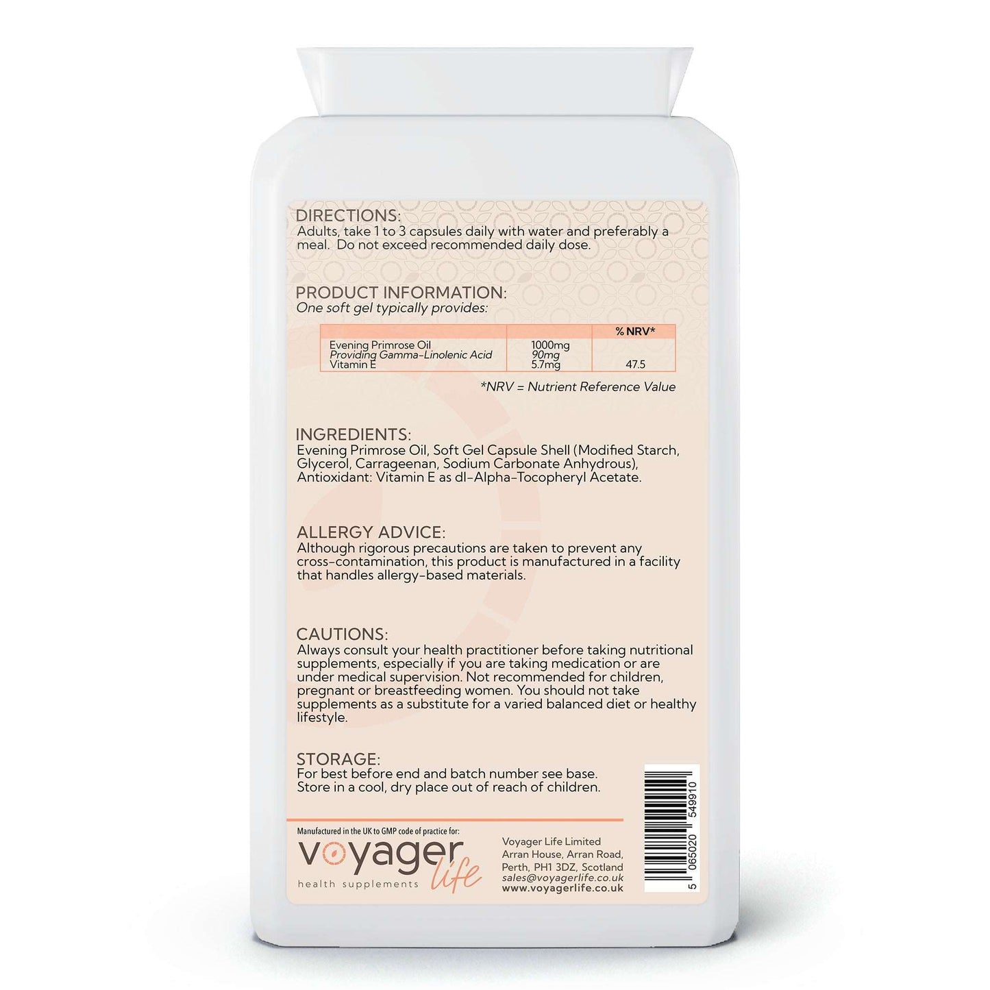 Voyager Evening Primrose Oil 1000mg 90 Softgels back view at The CBD Hut