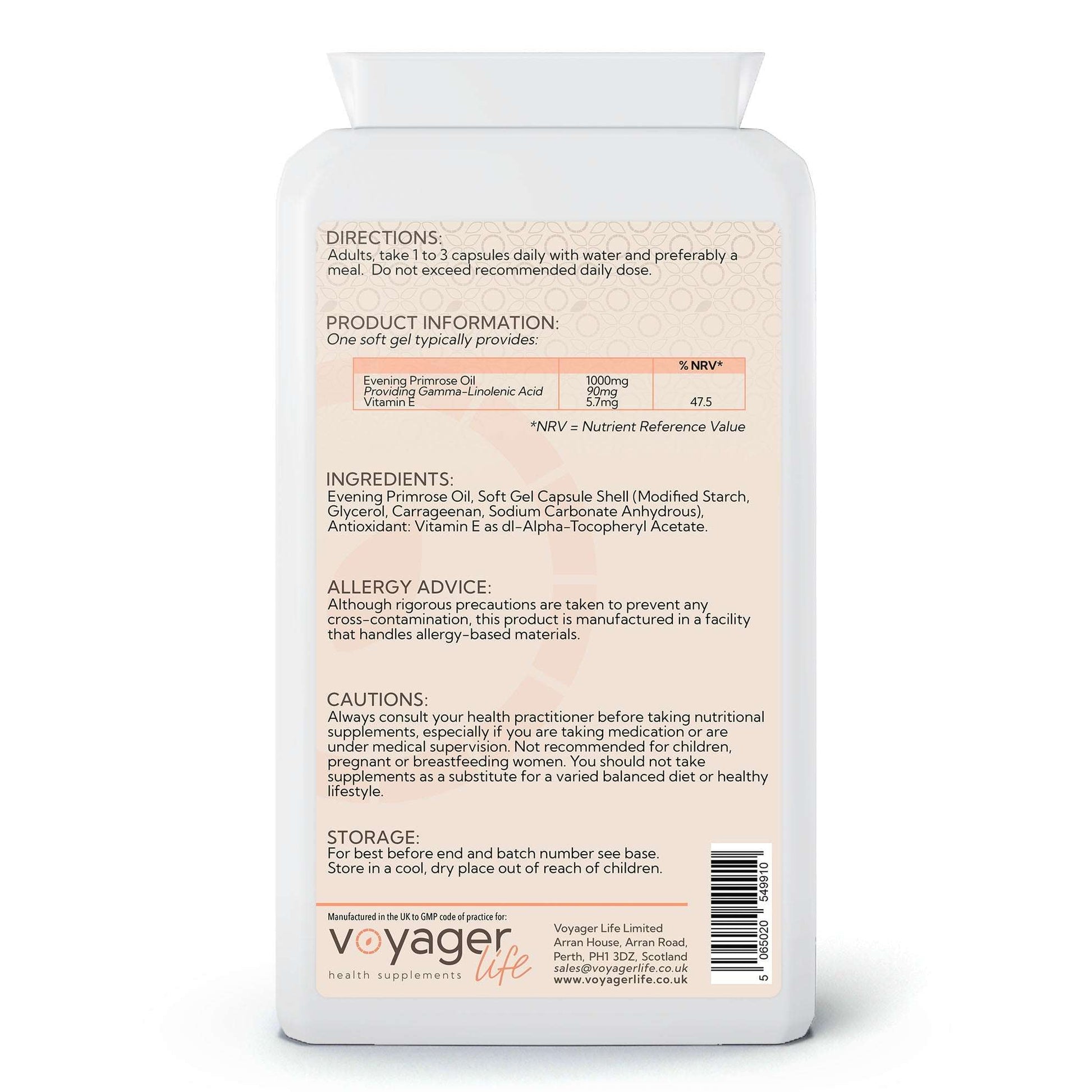 Voyager Evening Primrose Oil 1000mg 90 Softgels back view at The CBD Hut