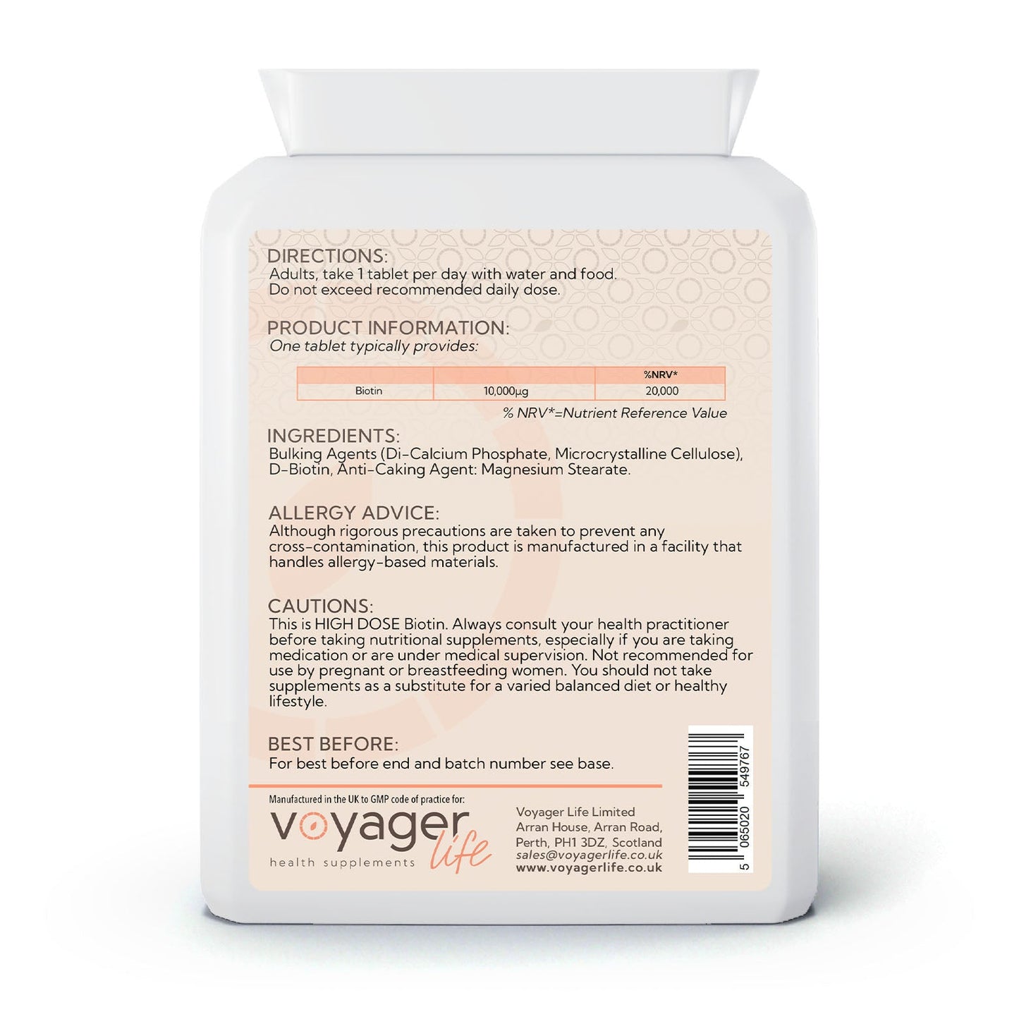 Voyager Biotin 10,000µg 120 Tablets - back view
