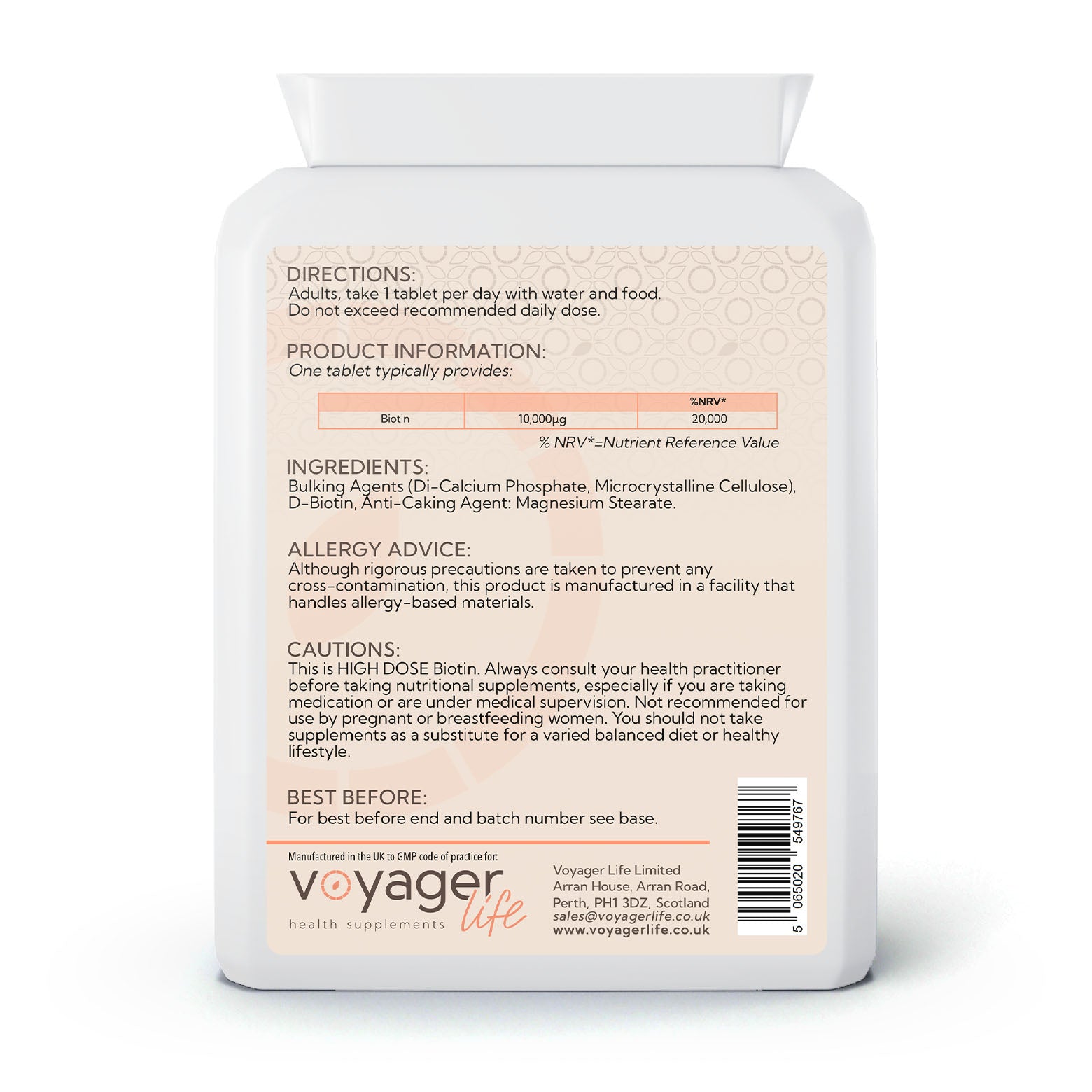 Voyager Biotin 10,000µg 120 Tablets - back view