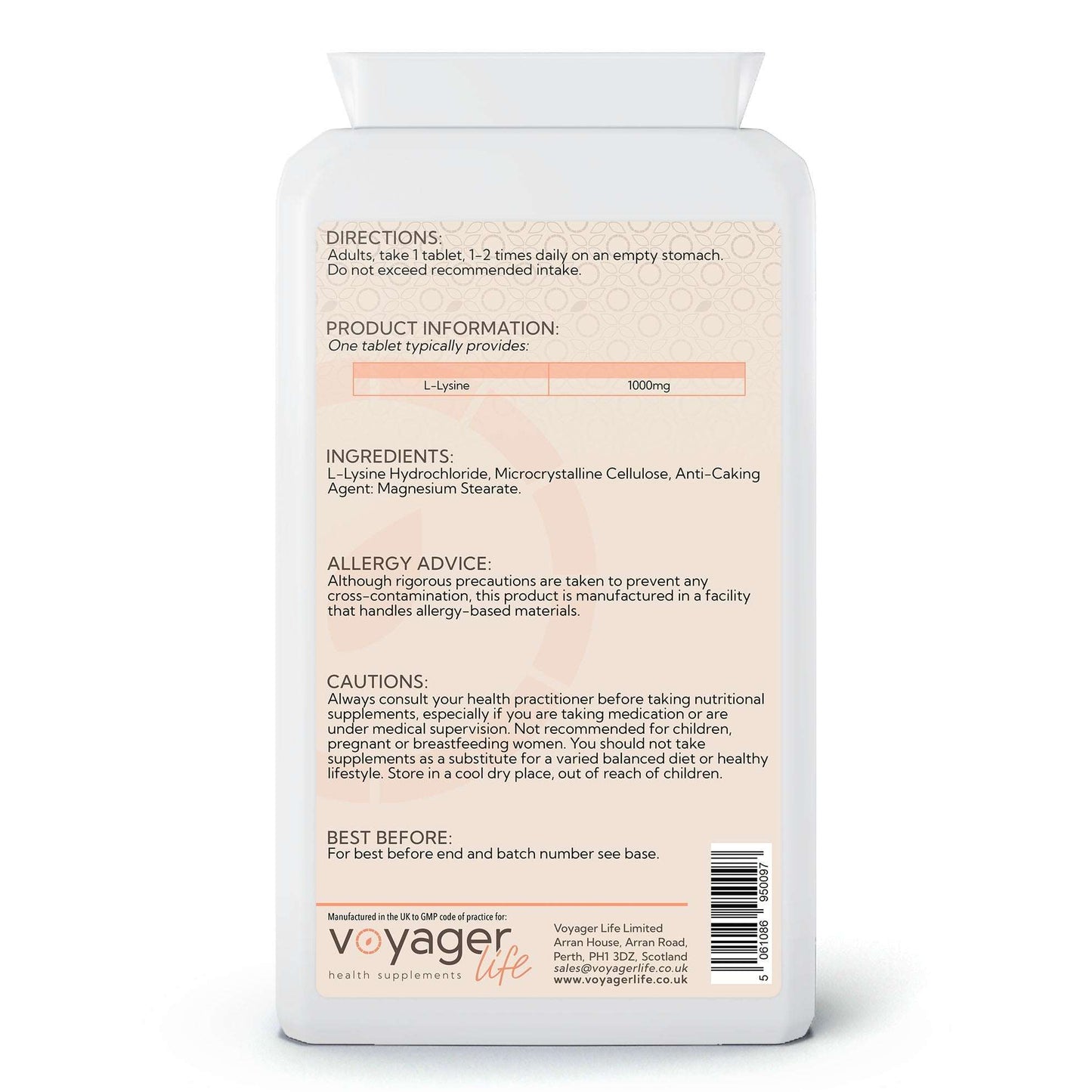 Voyager L-Lysine 1,000mg 90 Tablets - back view