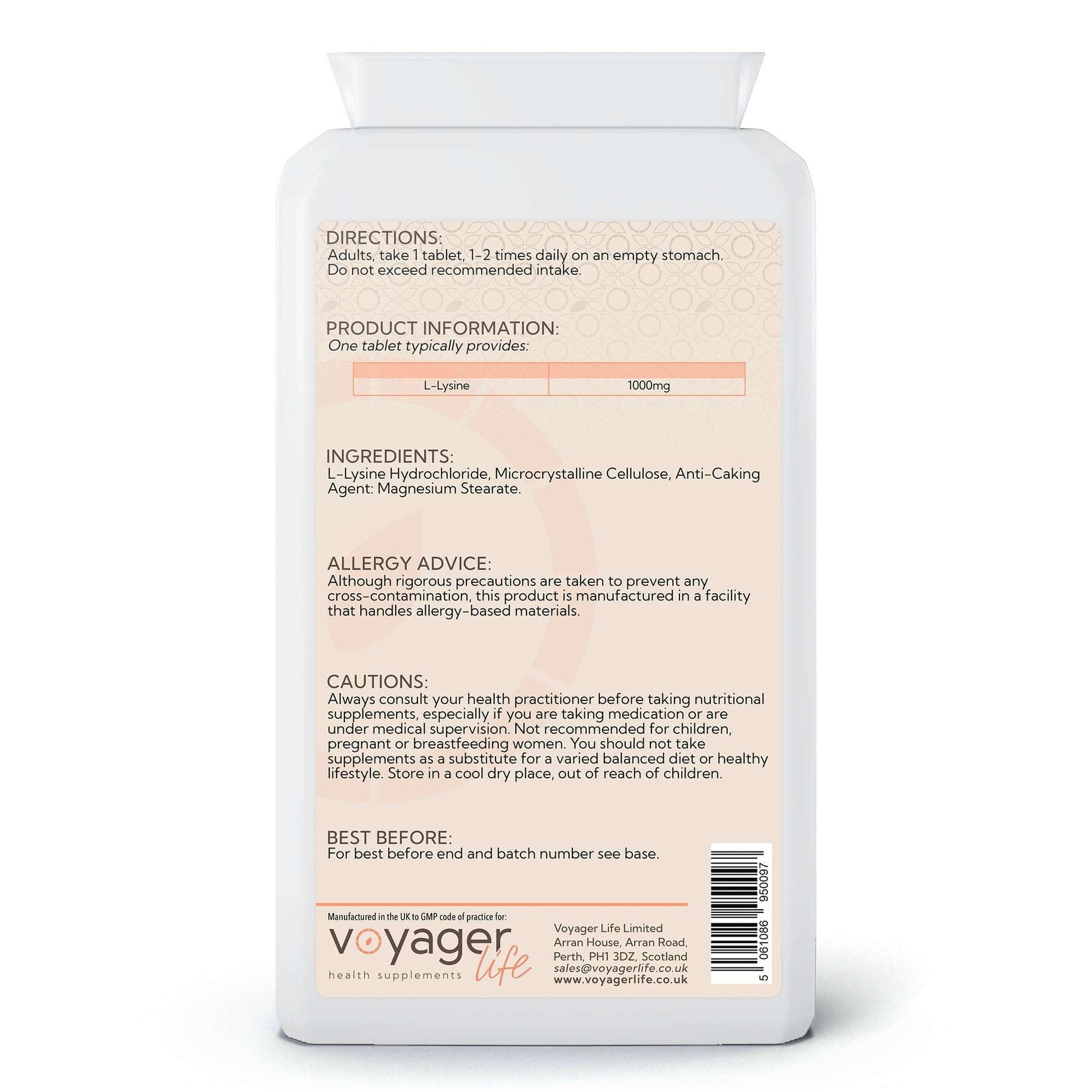 Voyager L-Lysine 1,000mg 90 Tablets - back view