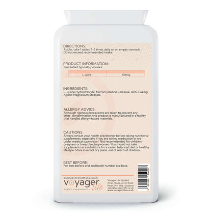 Voyager L-Lysine 1,000mg 90 Tablets - back view