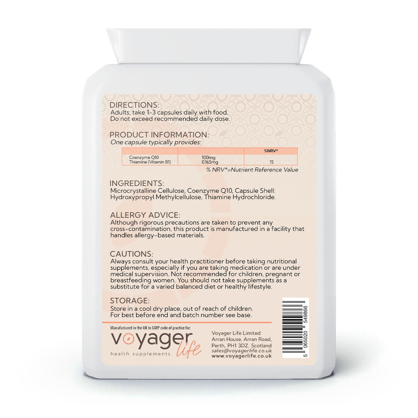 Voyager CoQ10 Plus 100mg 90 Capsules back view at The CBD Hut