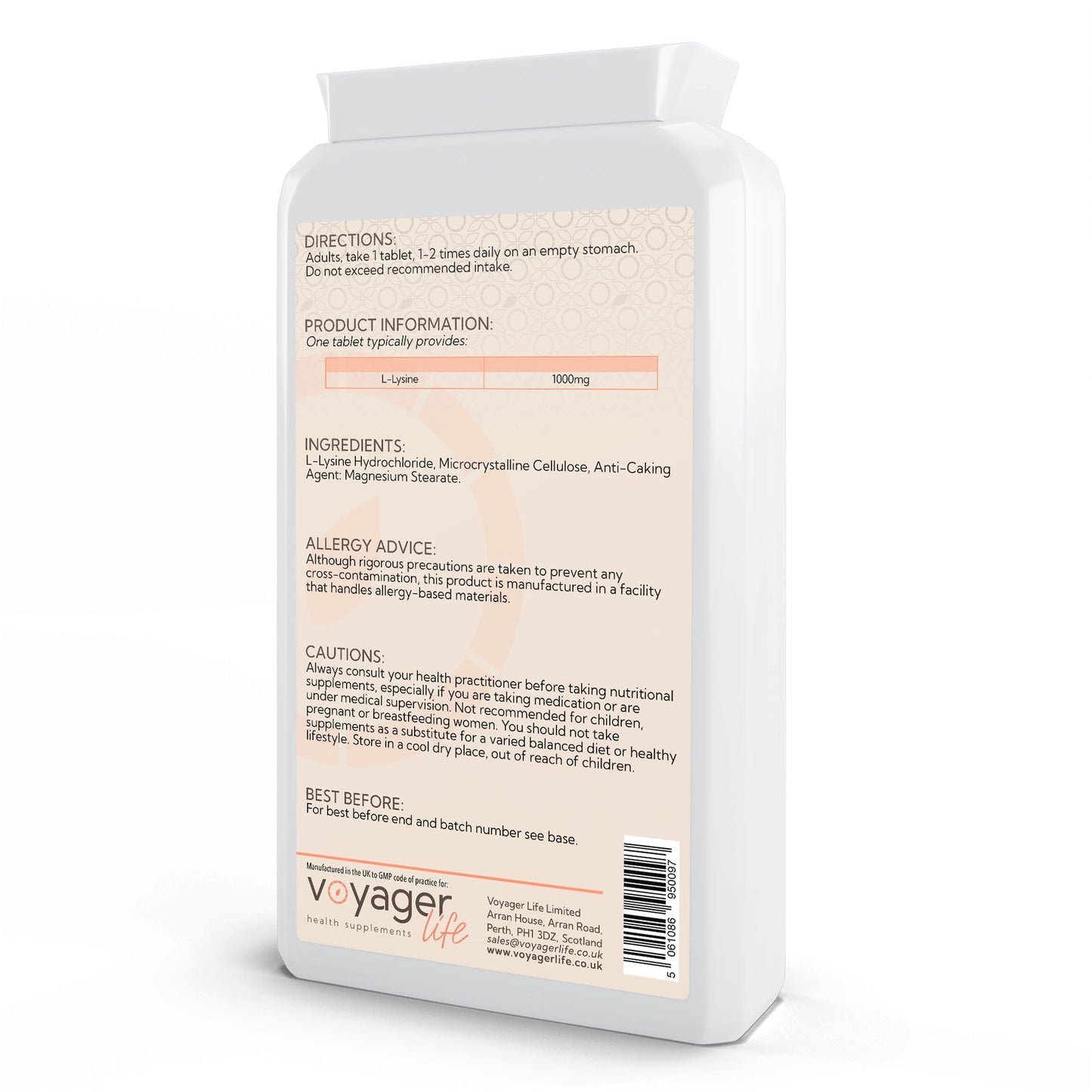 Voyager L-Lysine 1,000mg 90 Tablets - back view