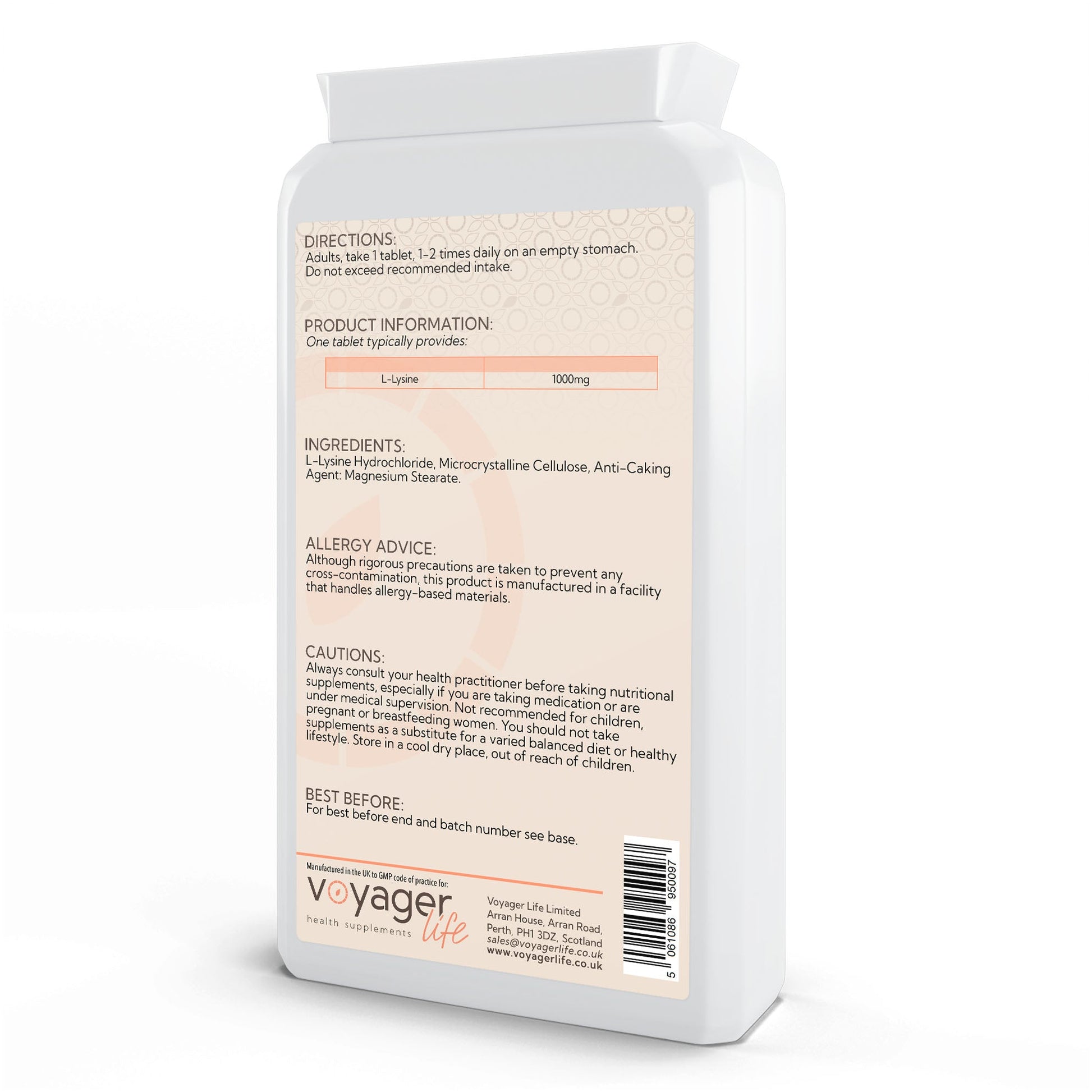 Voyager L-Lysine 1,000mg 90 Tablets - back view