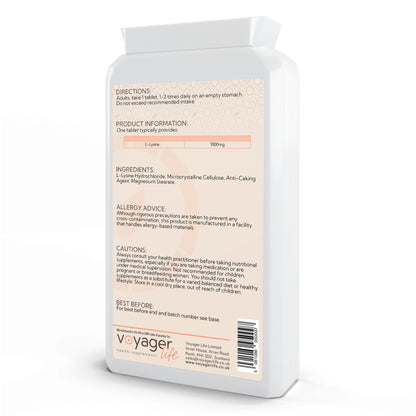 Voyager L-Lysine 1,000mg 90 Tablets - back view