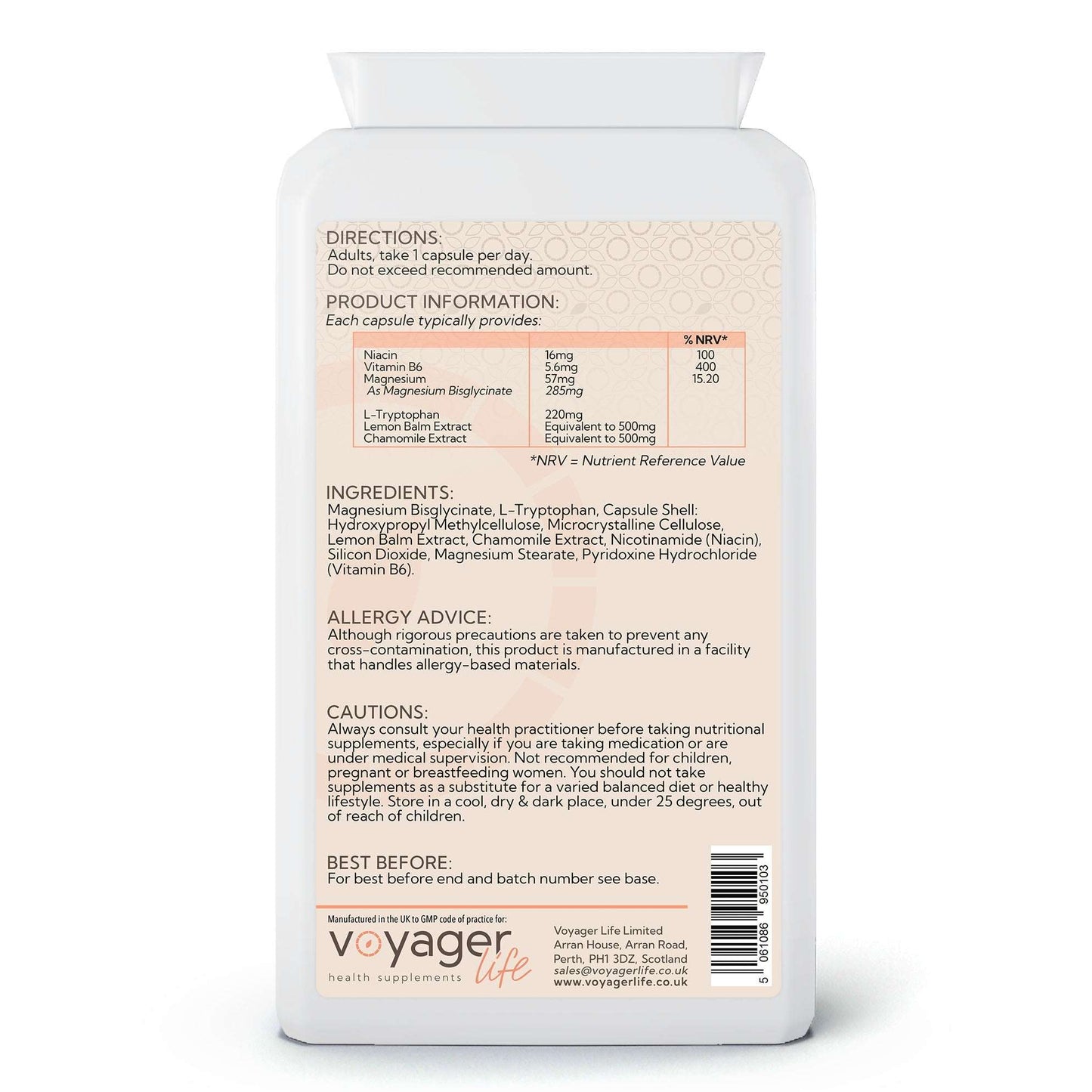 Voyager L-Tryptophan Complex 120 Capsules - back view