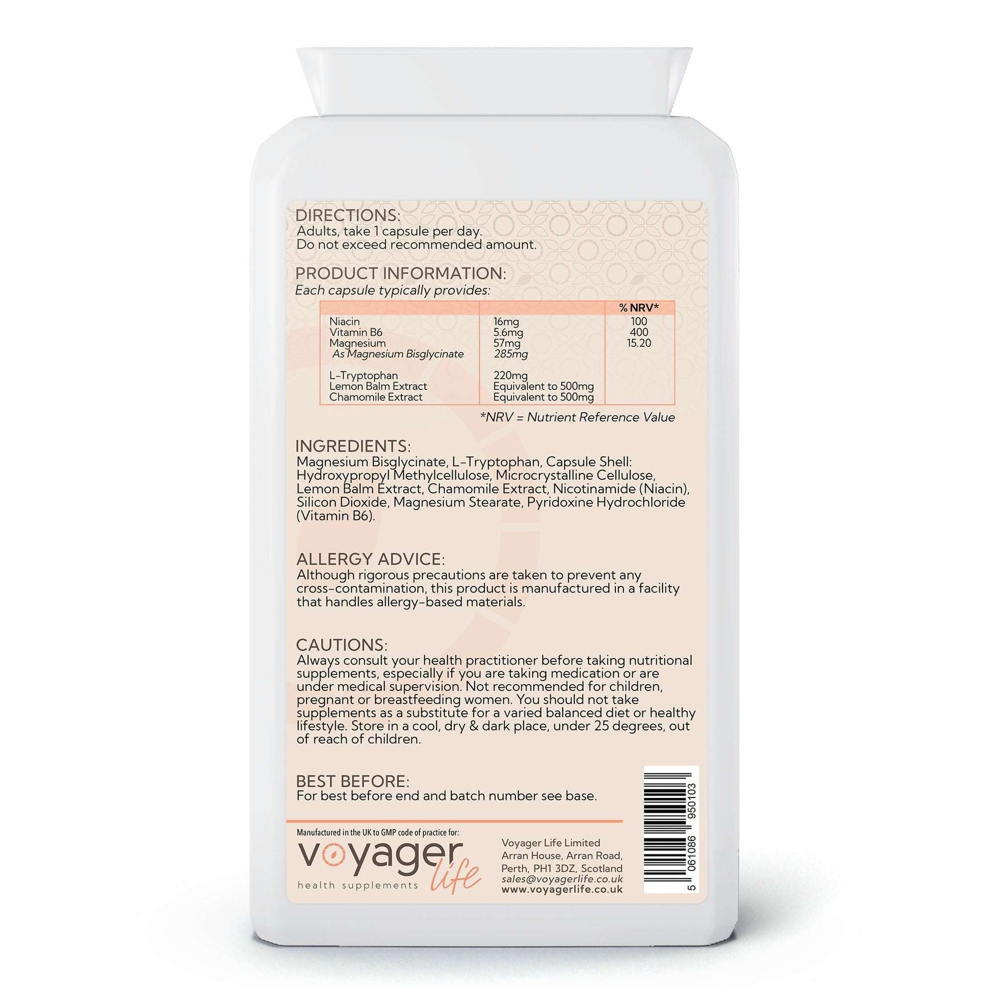 Voyager L-Tryptophan Complex 120 Capsules - back view