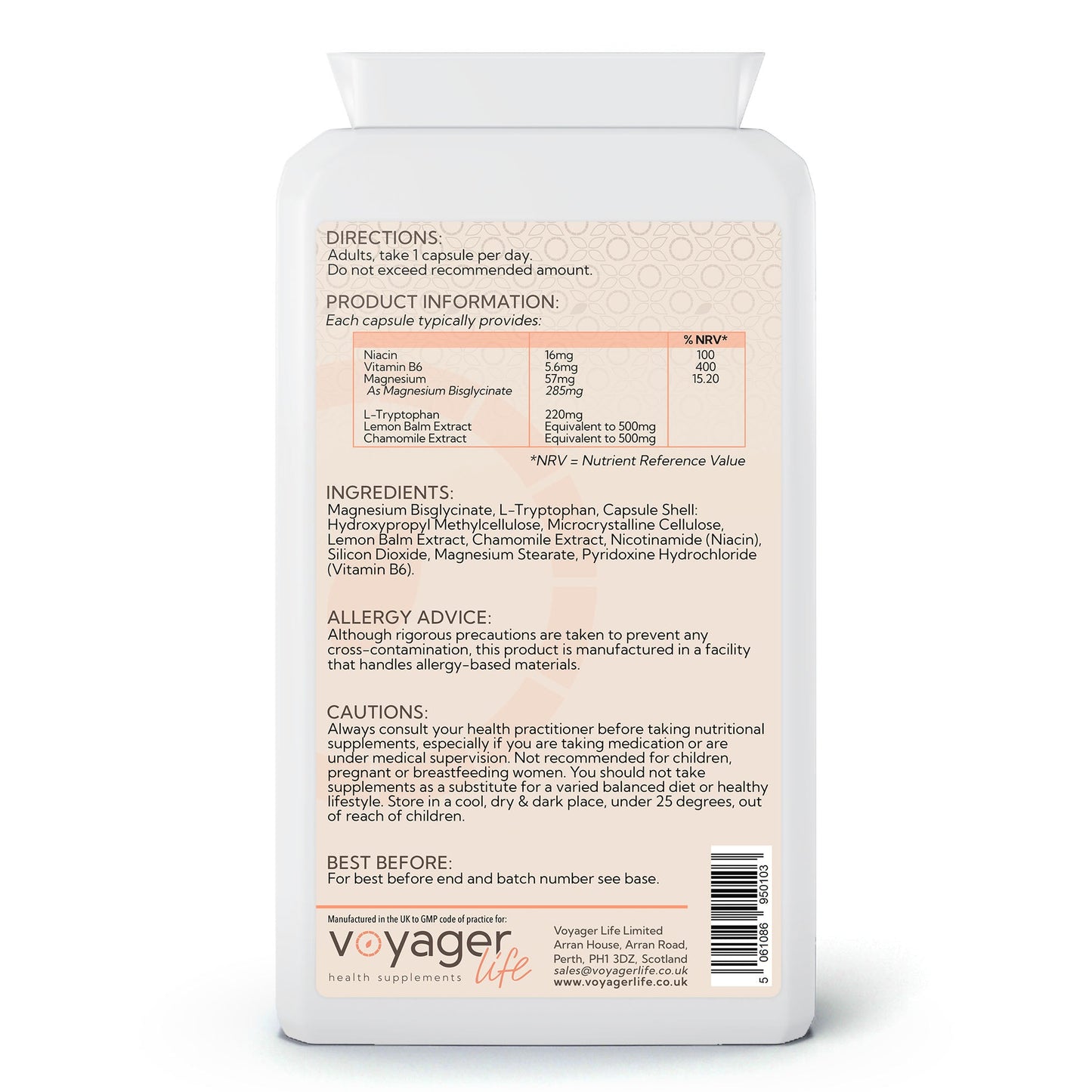 Voyager L-Tryptophan Complex 120 Capsules - back view