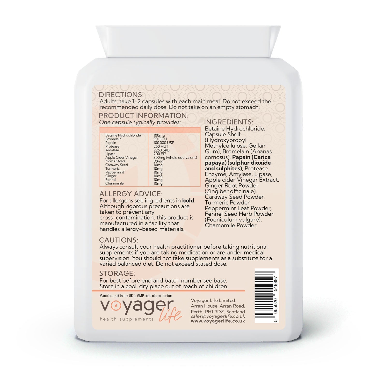 Voyager Digestive Enzymes Complex 90 Capsules - back view