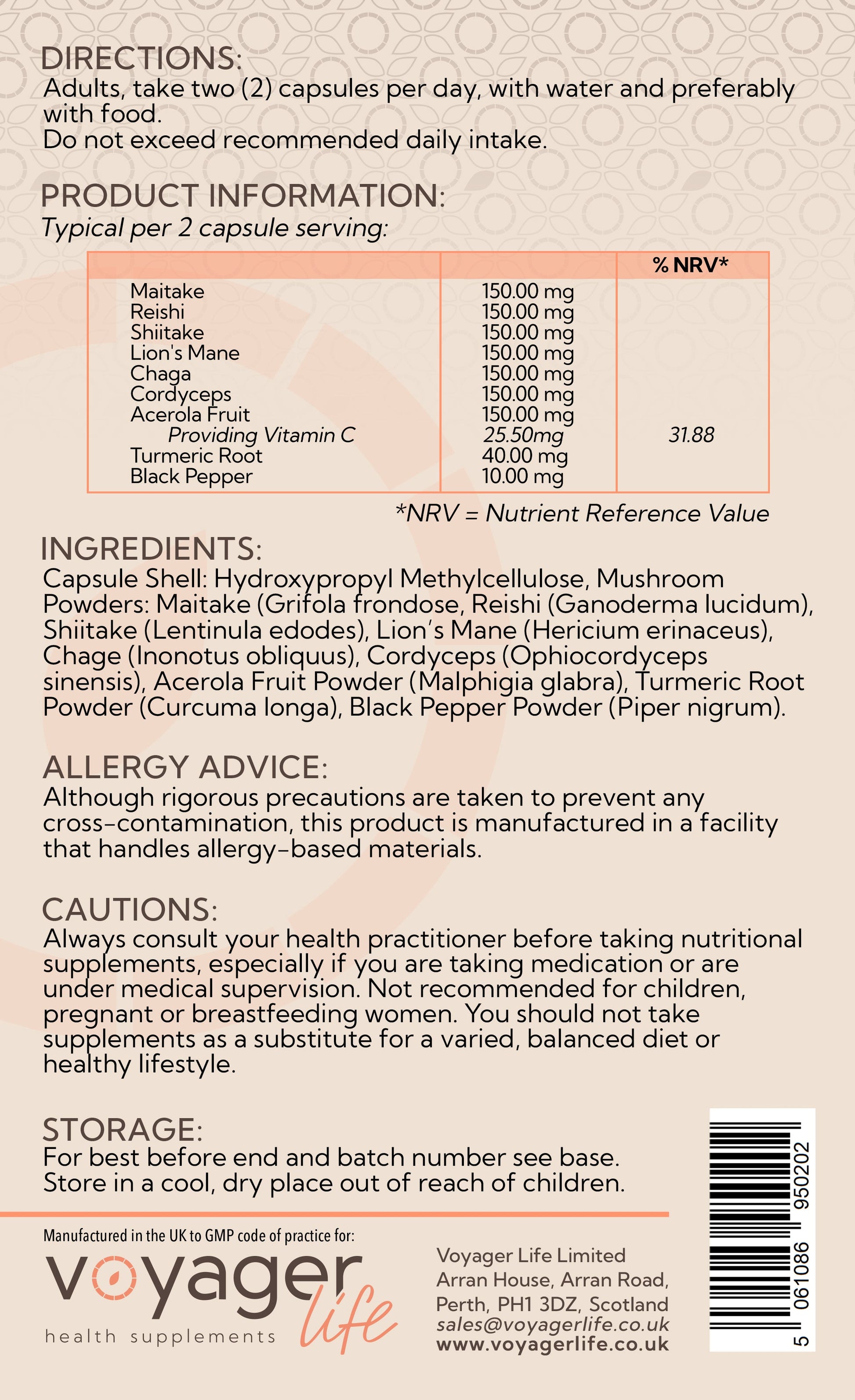 Voyager Mushroom Complex 120 Capsules - back view
