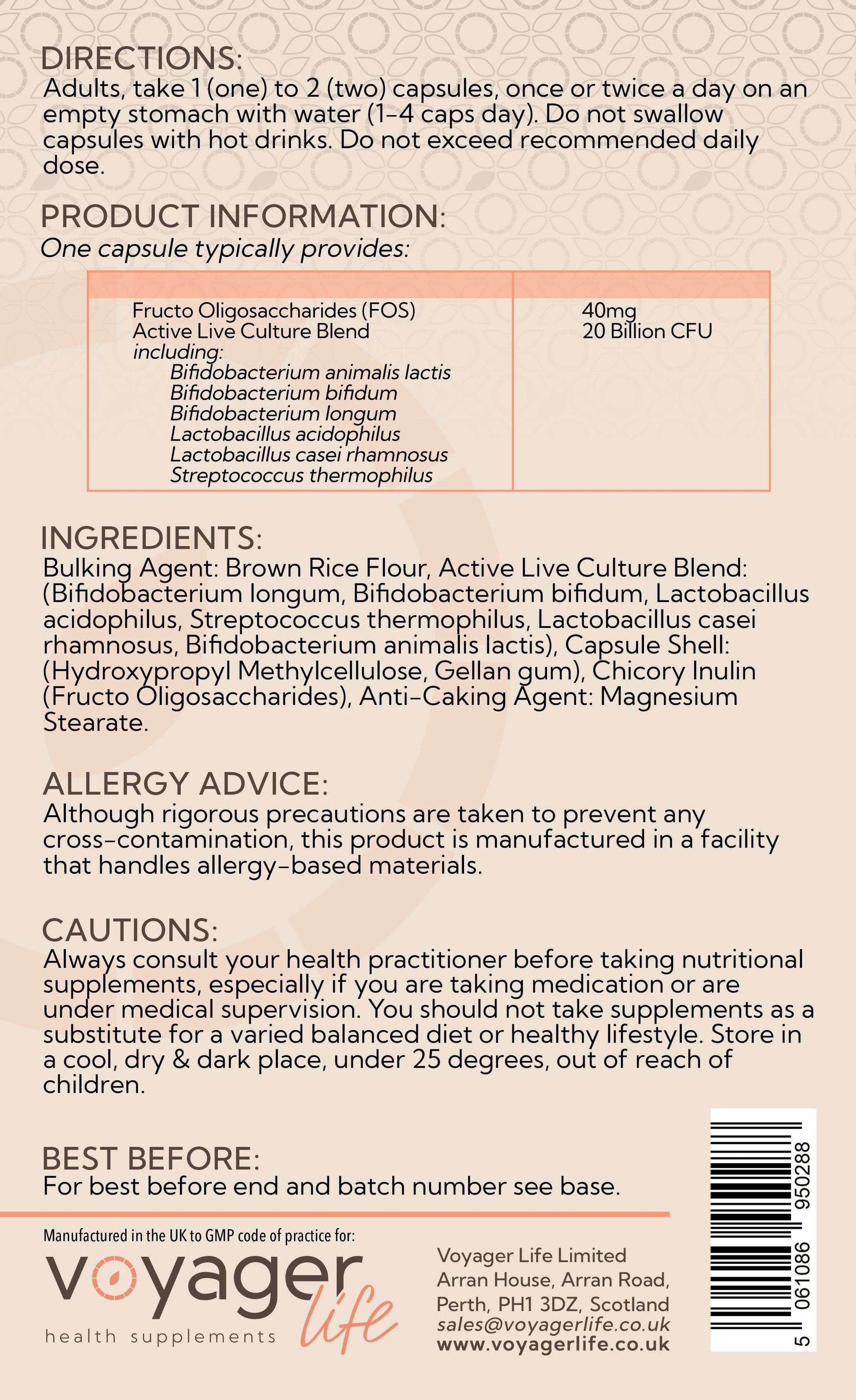 Voyager Probiotic Complex 20 Billion CFU 120 Capsules - back view
