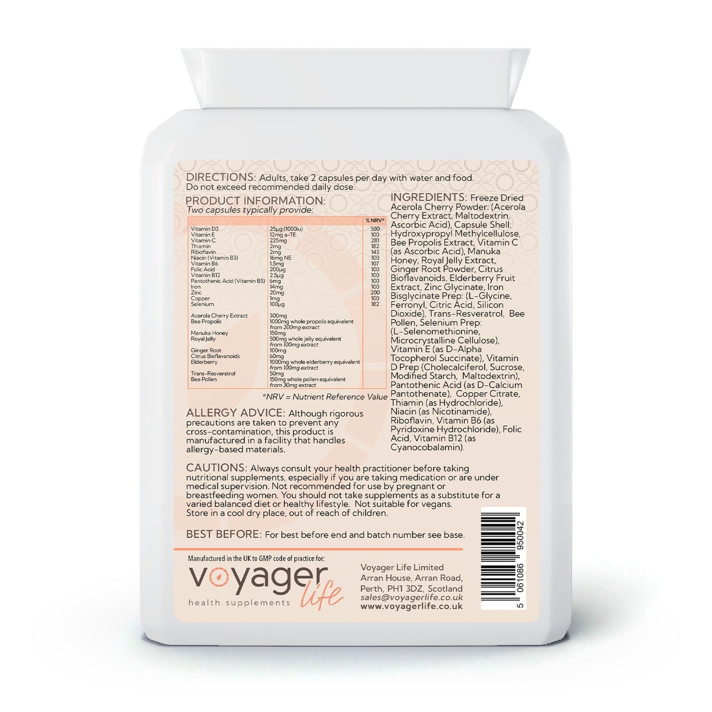 Voyager Immune Support Bee Complex 60 Capsules - back view