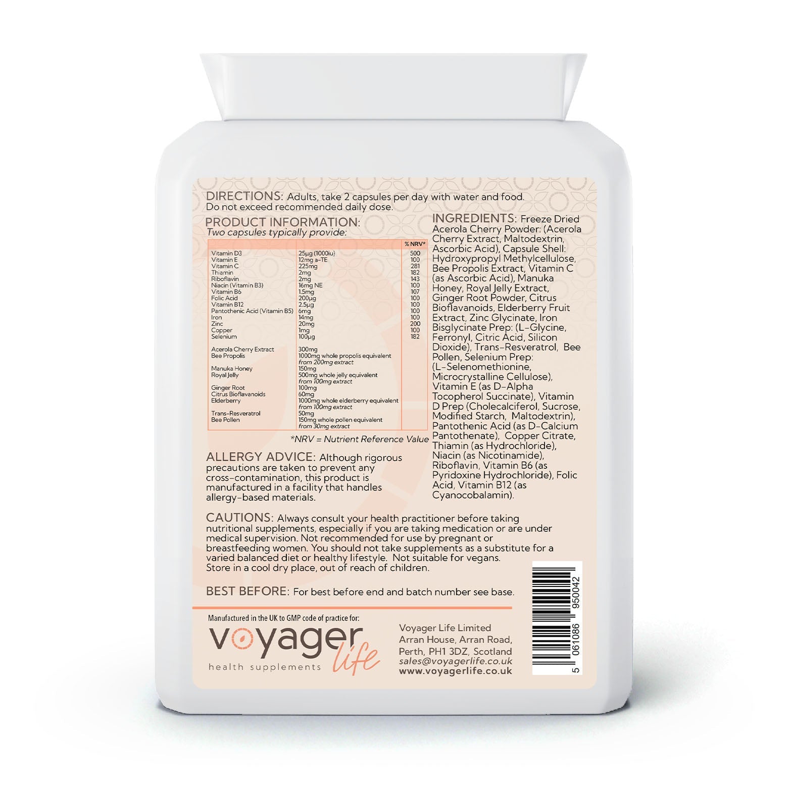 Voyager Immune Support Bee Complex 60 Capsules - back view