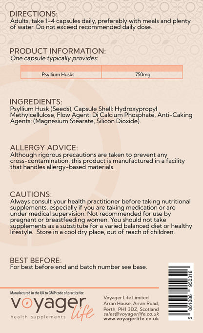 Voyager Psyllium Husks 750mg 90 Capsules - back view