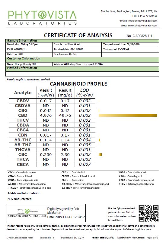 Orange County 1500mg CBD Organic MCT Oil - lab report | The CBD Hut