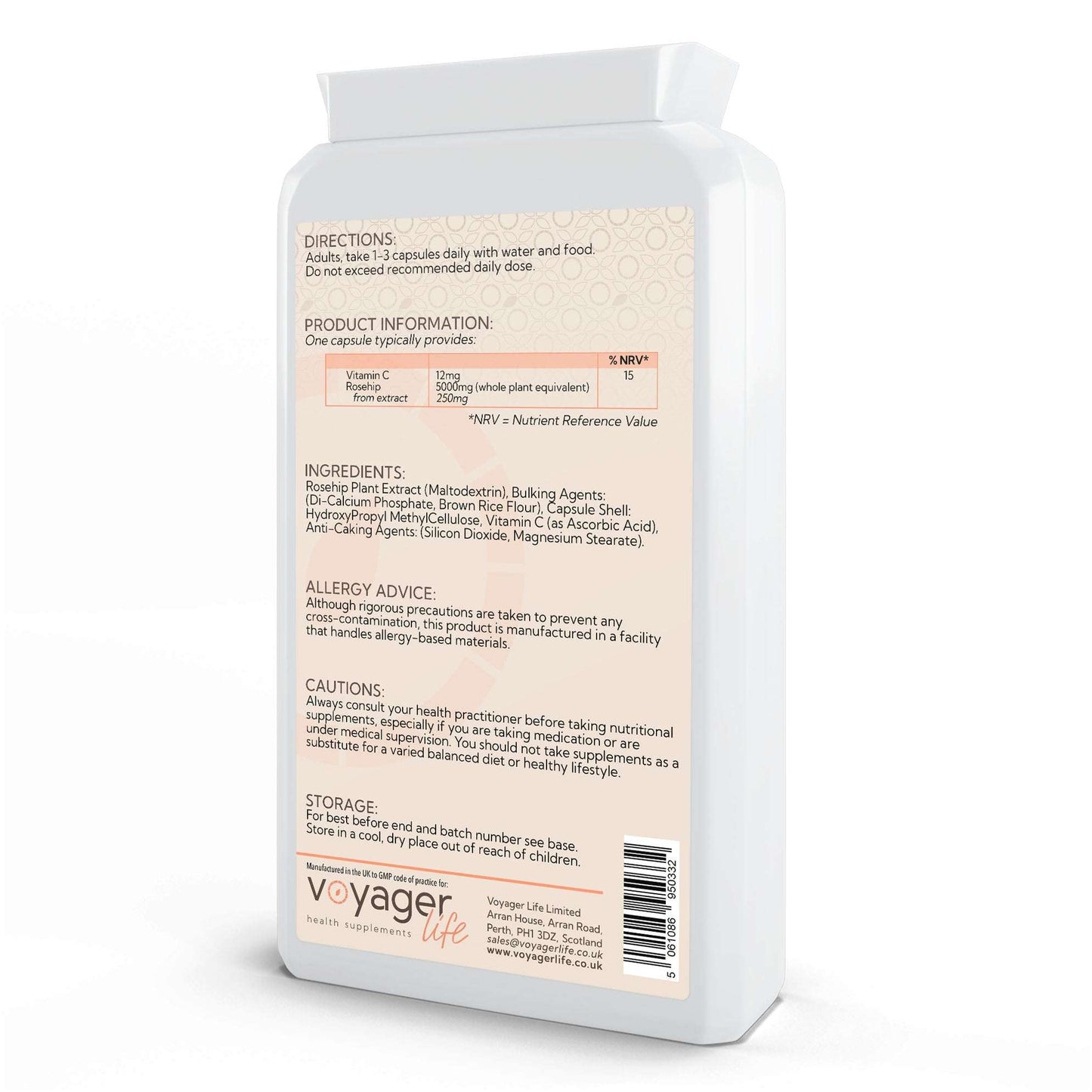 Voyager Rosehip Extract 5,000mg & Vitamin C 120 Capsules - back view