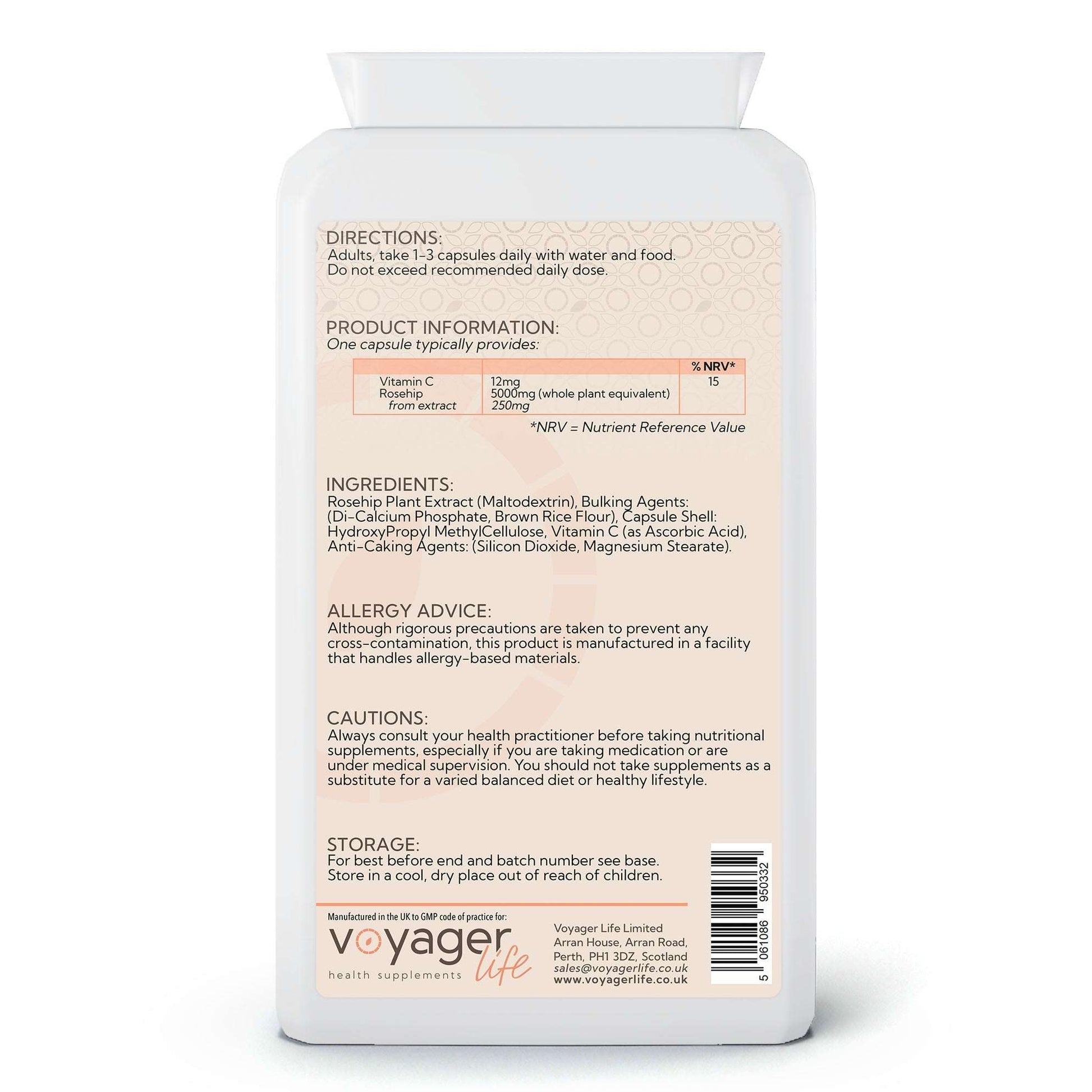 Voyager Rosehip Extract 5,000mg & Vitamin C 120 Capsules - back view