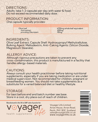 Voyager Olive Leaf Extract 6,750mg 60 Capsules - back view