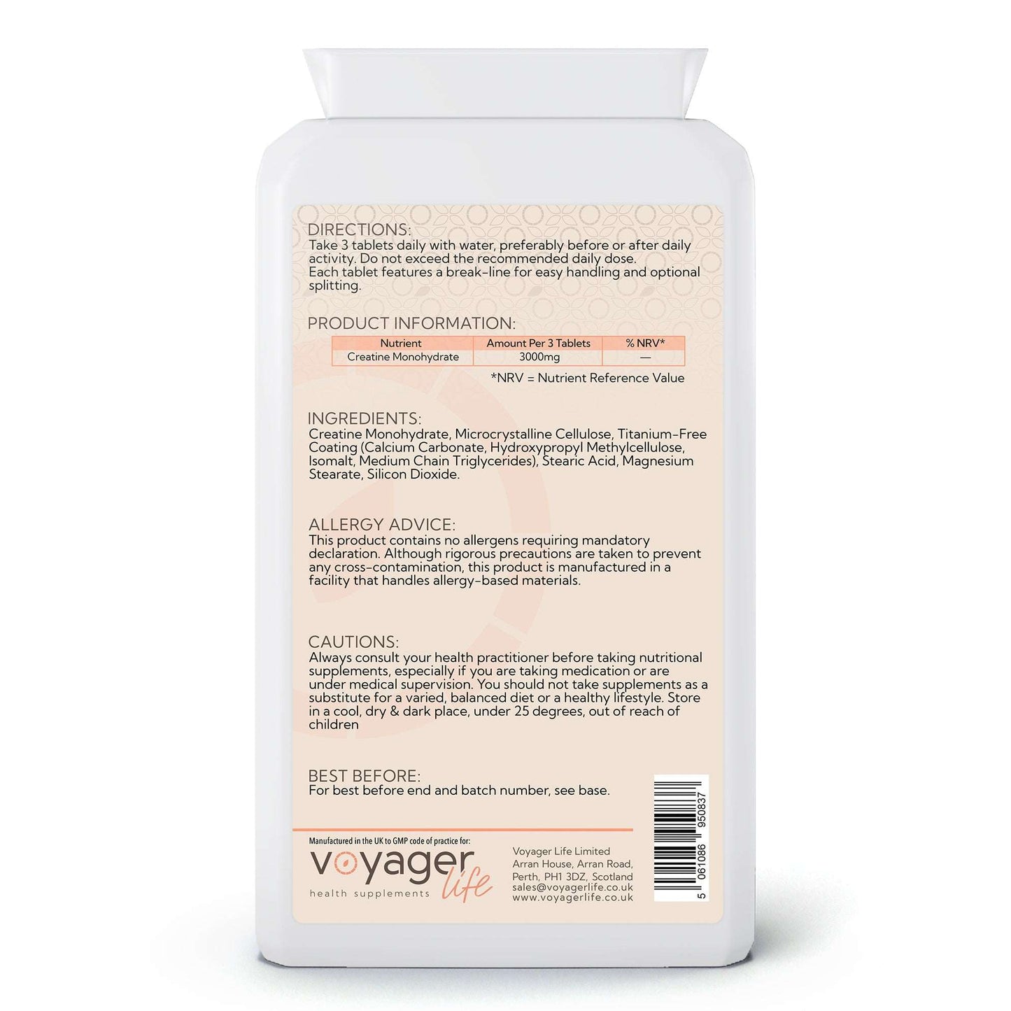 Voyager Creatine Monohydrate 1,000mg 90 Tablets - back view