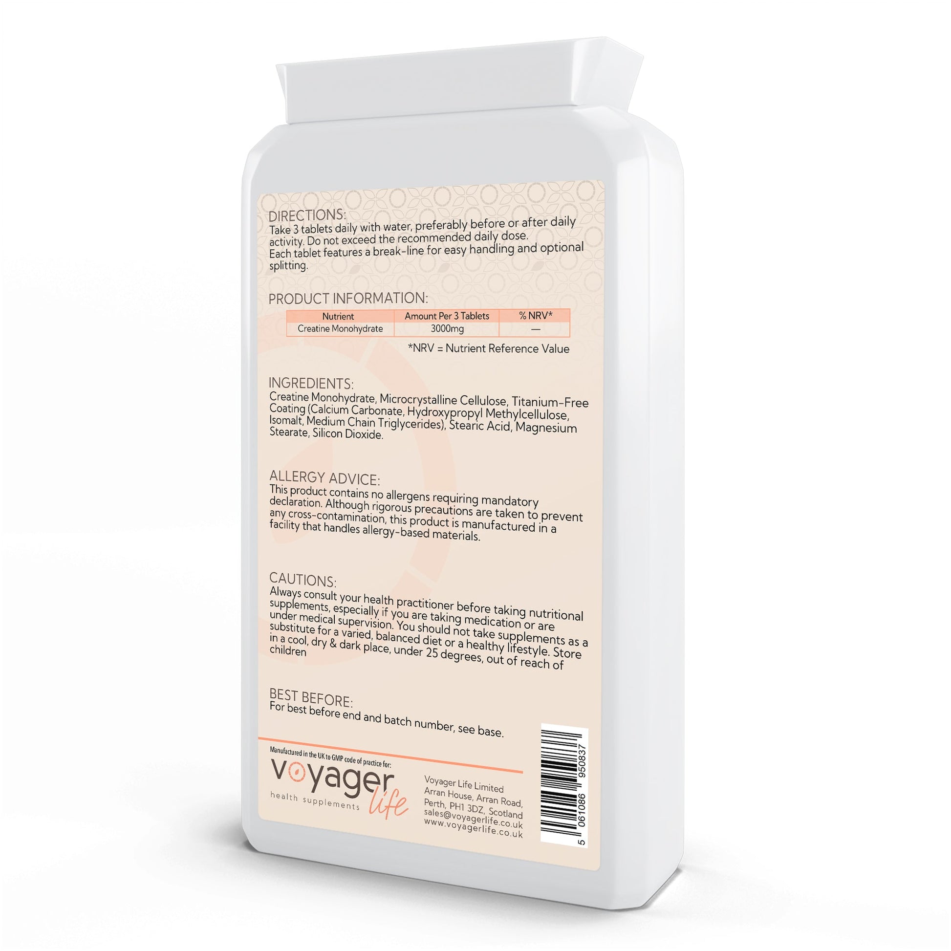 Voyager Creatine Monohydrate 1,000mg 90 Tablets - back view