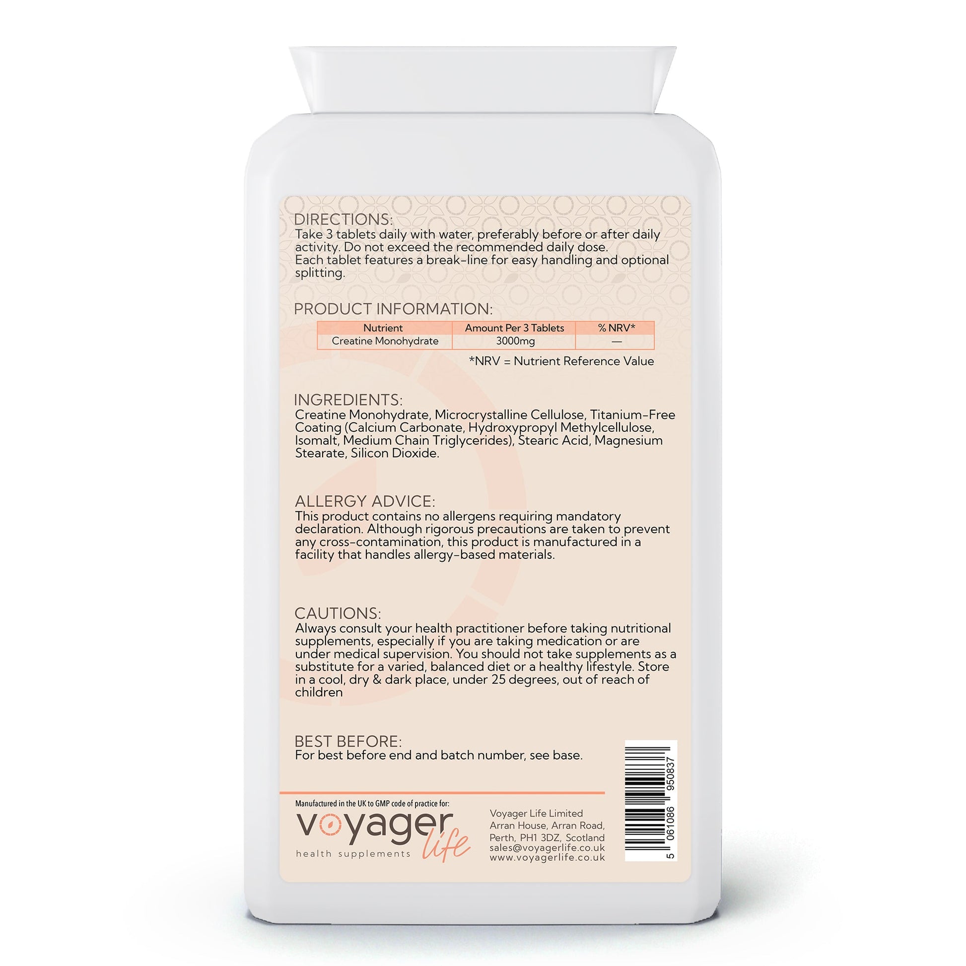 Voyager Creatine Monohydrate 1,000mg 90 Tablets - back view