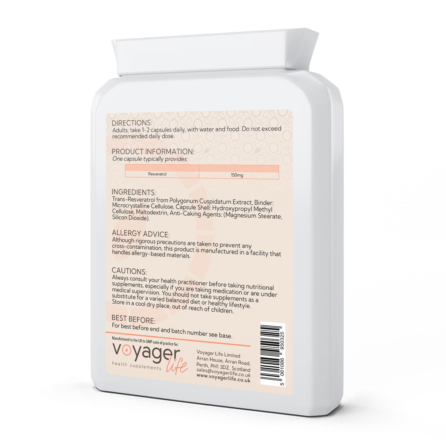 Voyager Resveratrol 150mg 90 Capsules - back view