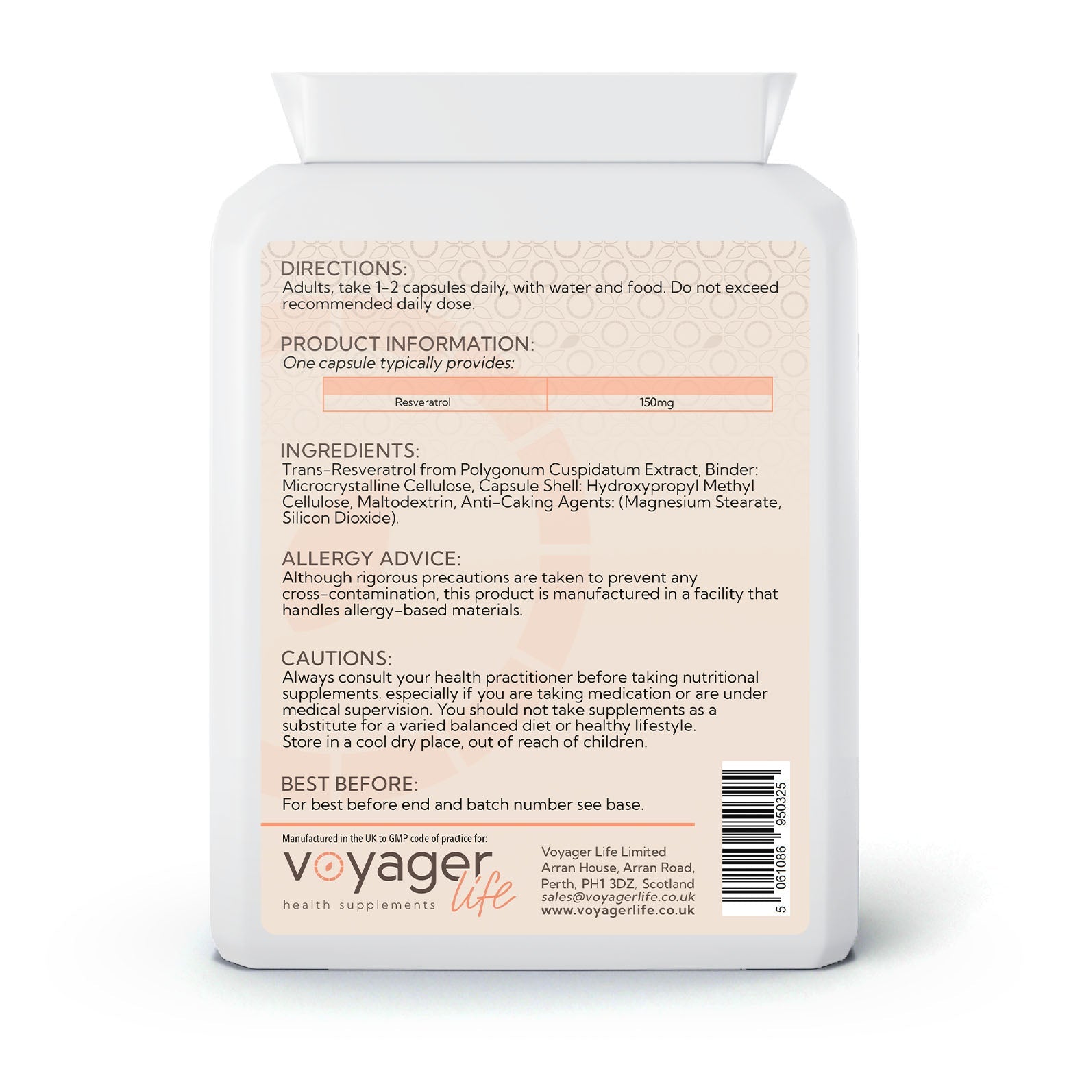Voyager Resveratrol 150mg 90 Capsules - back view
