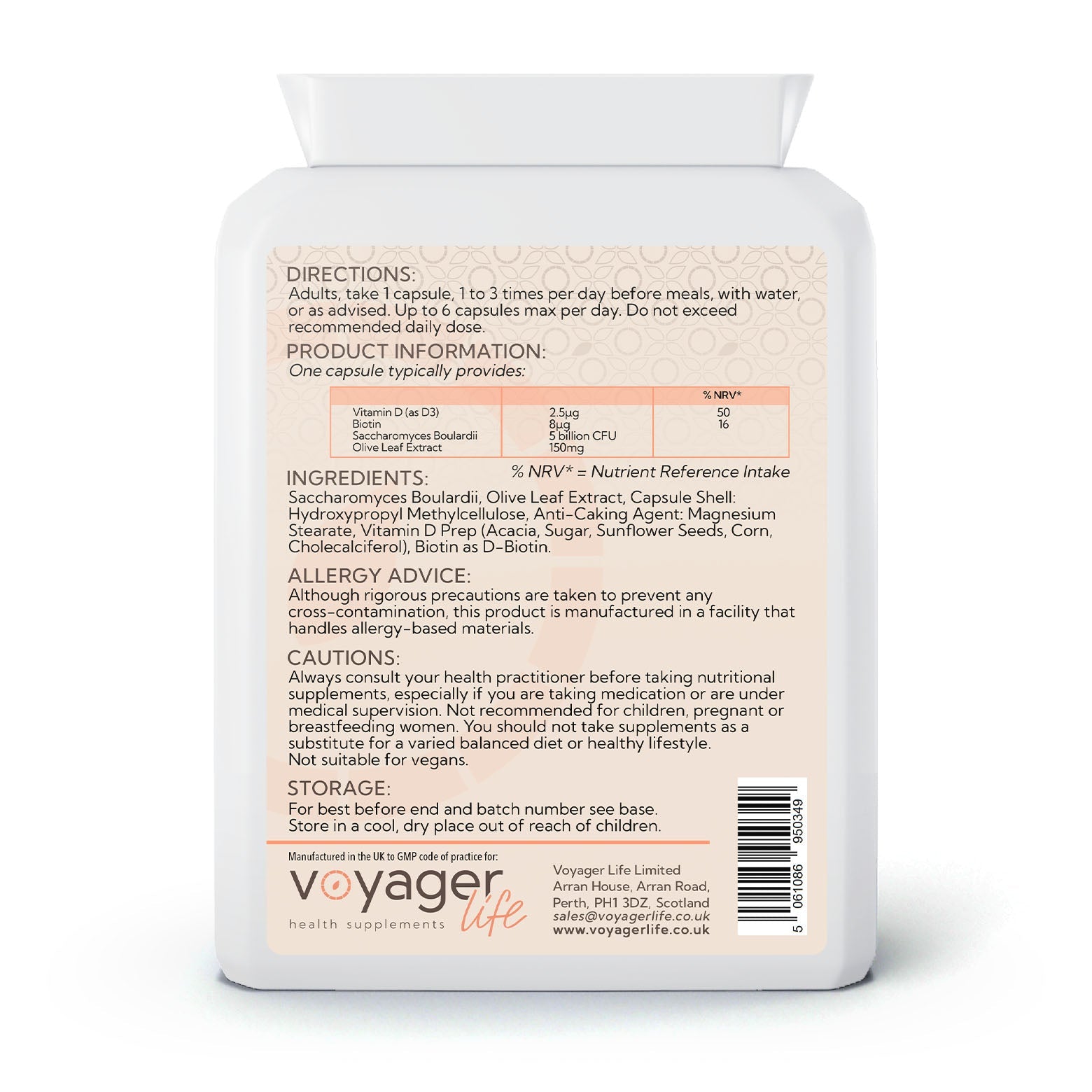Voyager Saccharomyces Boulardii Complex 90 Capsules - back view