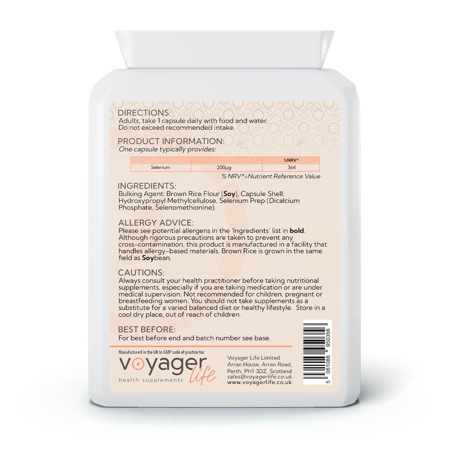 Voyager Selenium 200µg 120 Capsules - back view