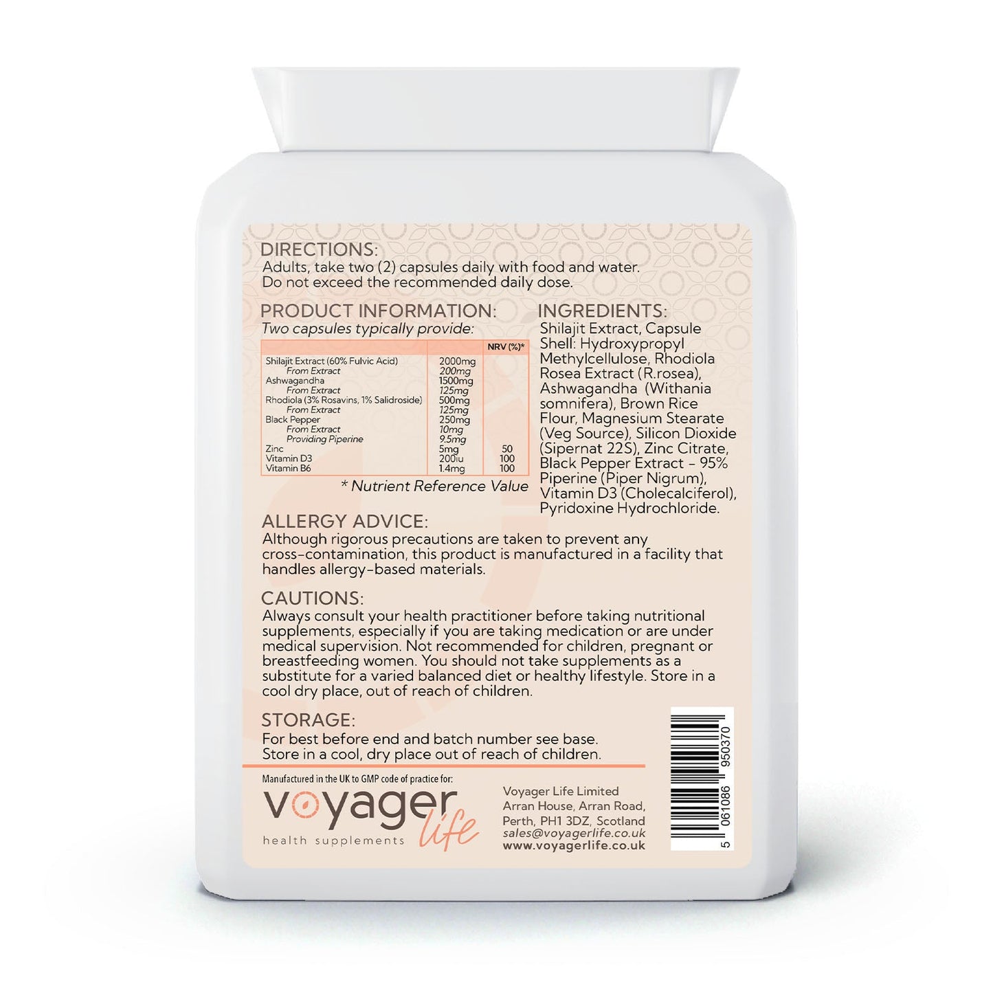 Voyager Shilajit Adaptogen Complex 90 Capsules - back view