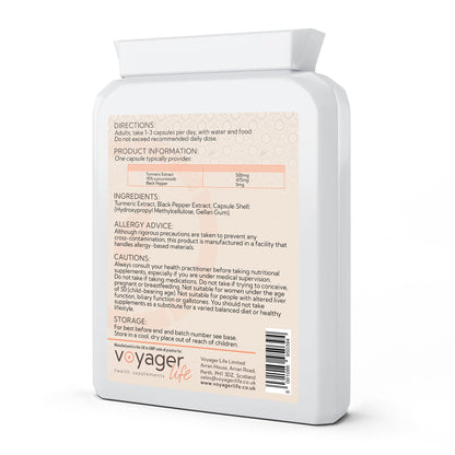 Voyager Turmeric 500mg with Black Pepper Extract 95% curcuminoids 60 Capsules - back view