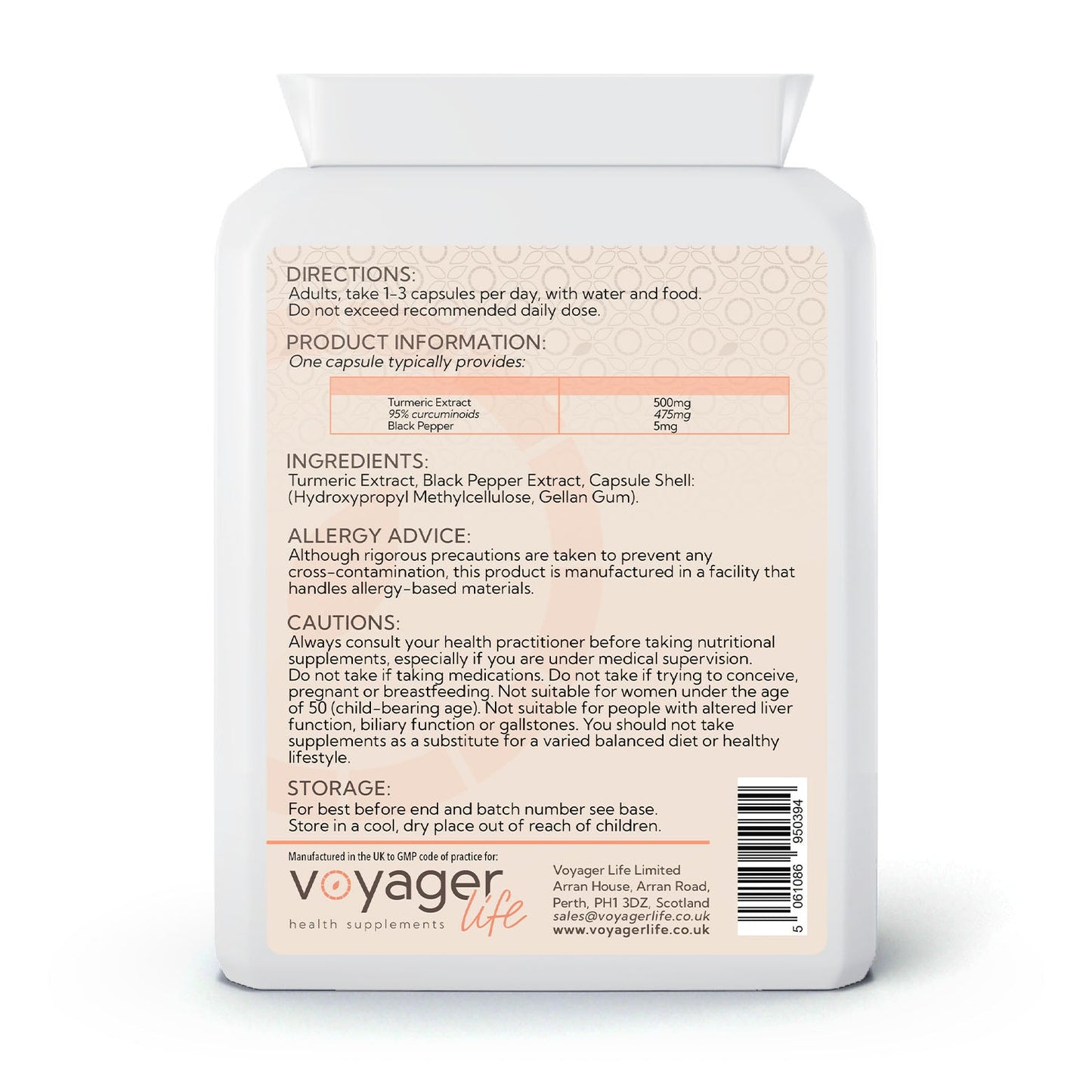 Voyager Turmeric 500mg with Black Pepper Extract 95% curcuminoids 60 Capsules - back view