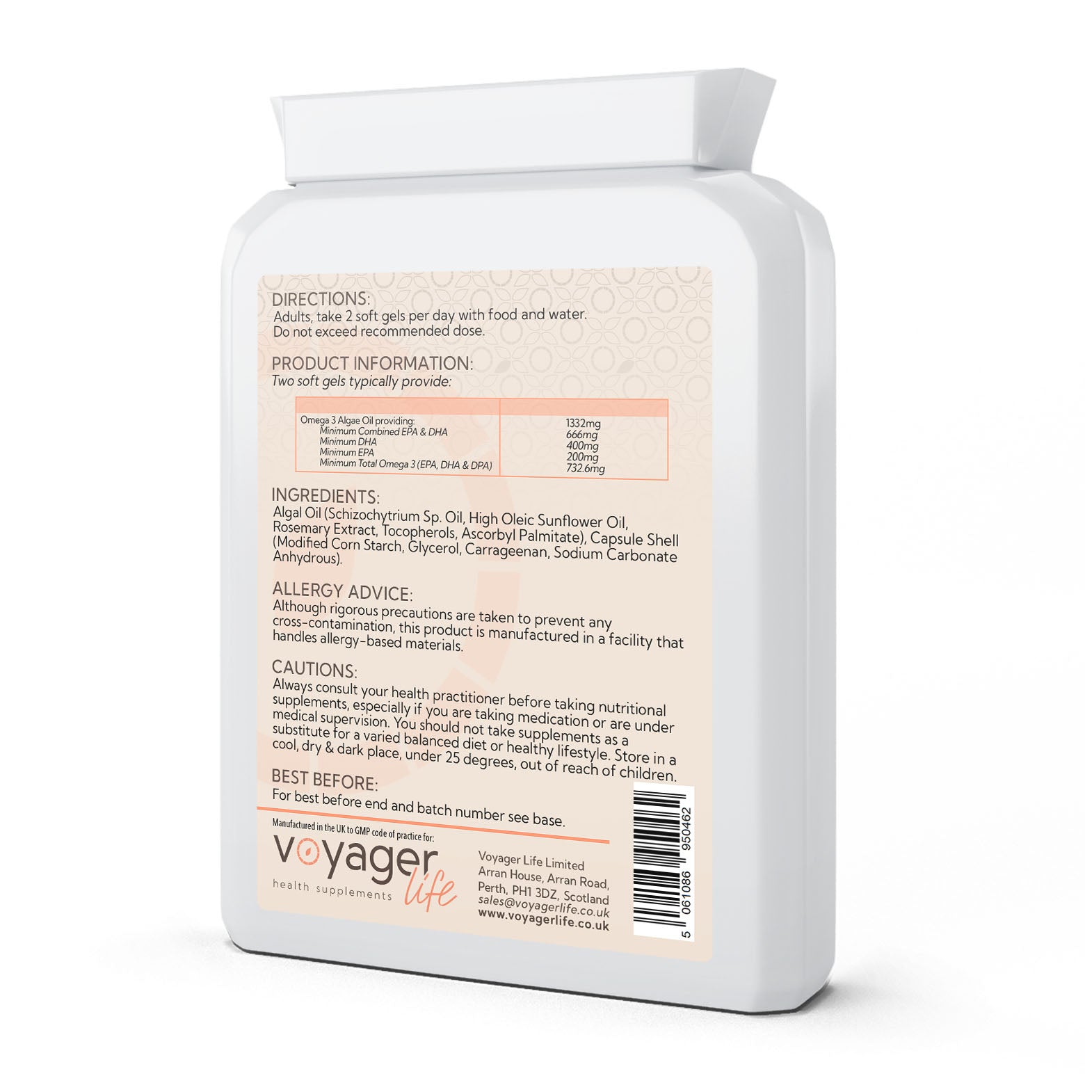 Voyager Vegan Omega-3 Algal Oil 90 Softgels - back view
