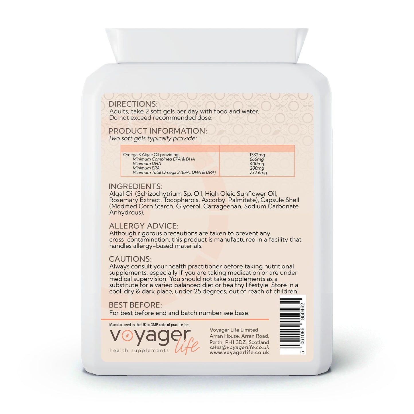 Voyager Vegan Omega-3 Algal Oil 90 Softgels - back view