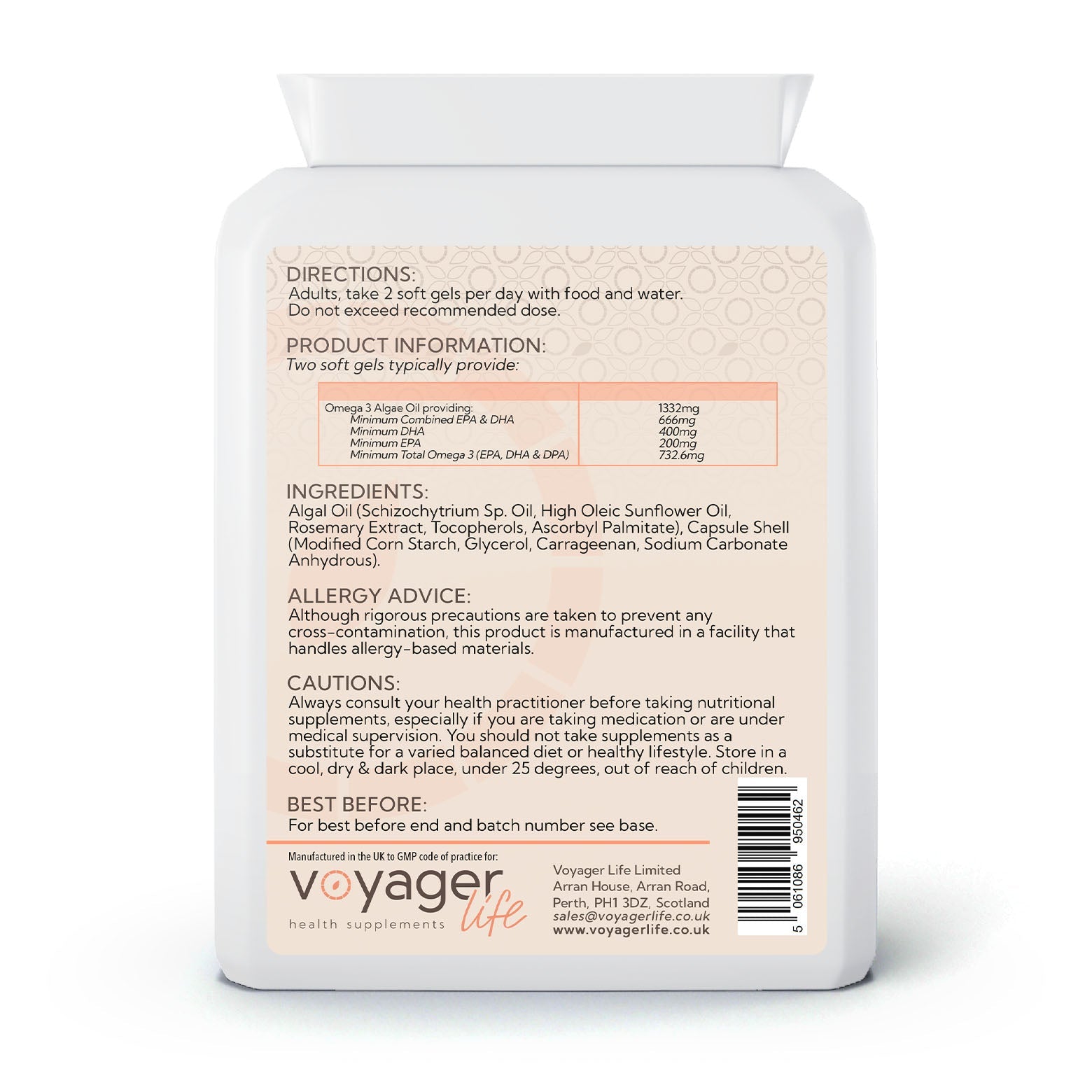 Voyager Vegan Omega-3 Algal Oil 90 Softgels - back view