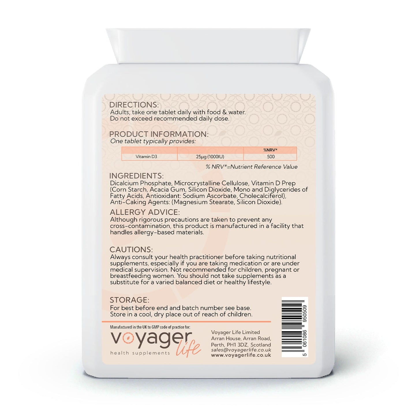Voyager Vegan Vitamin D3 25µg (1,000 IU) 180 Tablets - back view