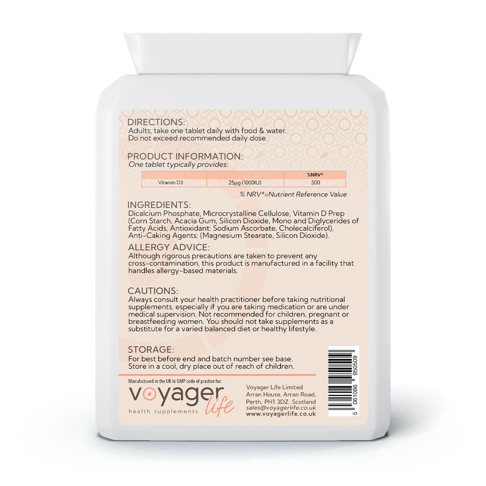 Voyager Vegan Vitamin D3 25µg (1,000 IU) 180 Tablets - back view
