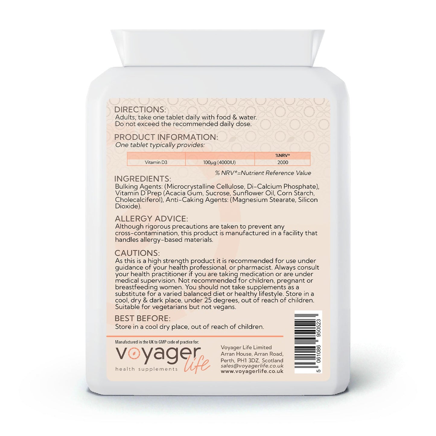 Voyager Vitamin D3 4,000 IU 365 Tablets - back view