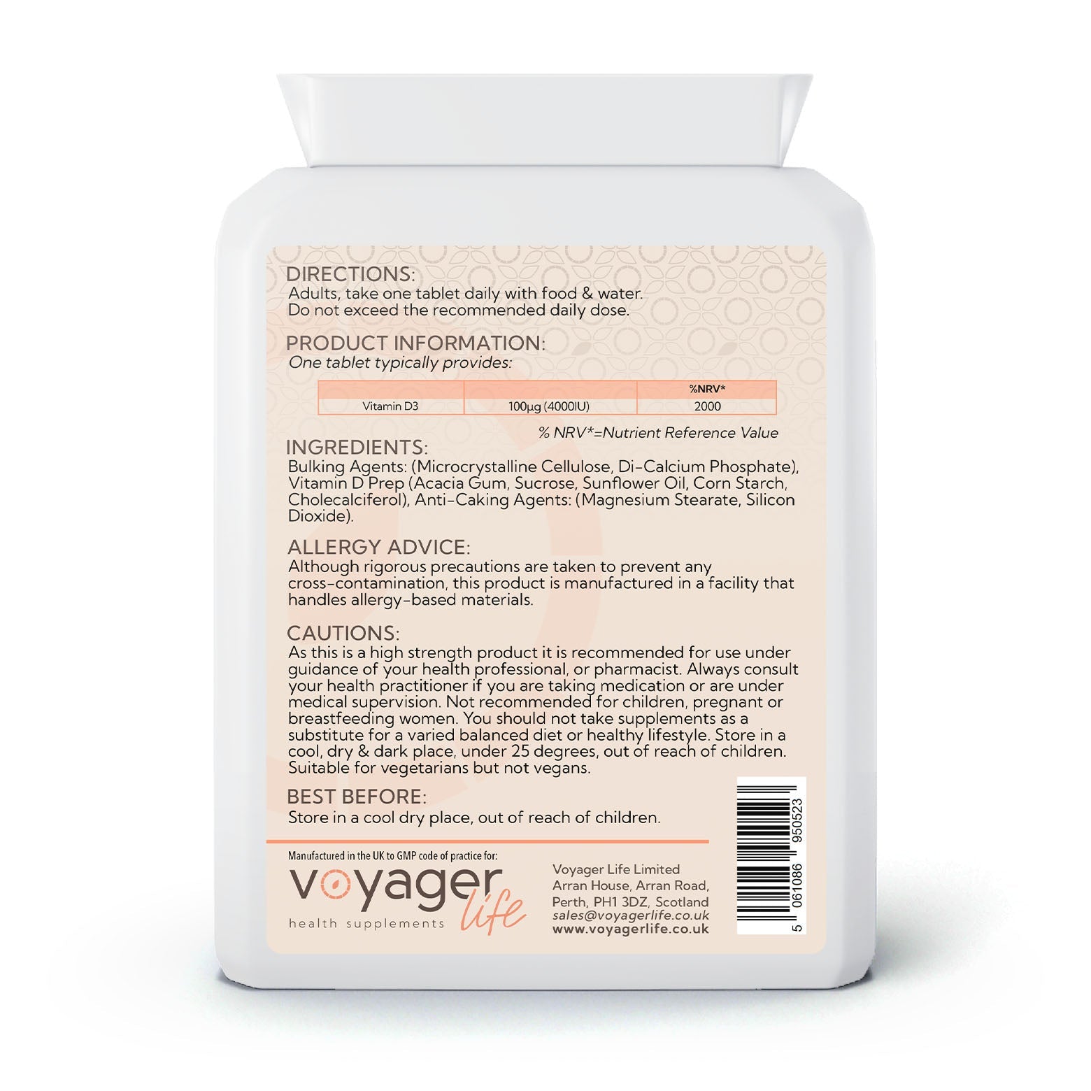 Voyager Vitamin D3 4,000 IU 365 Tablets - back view