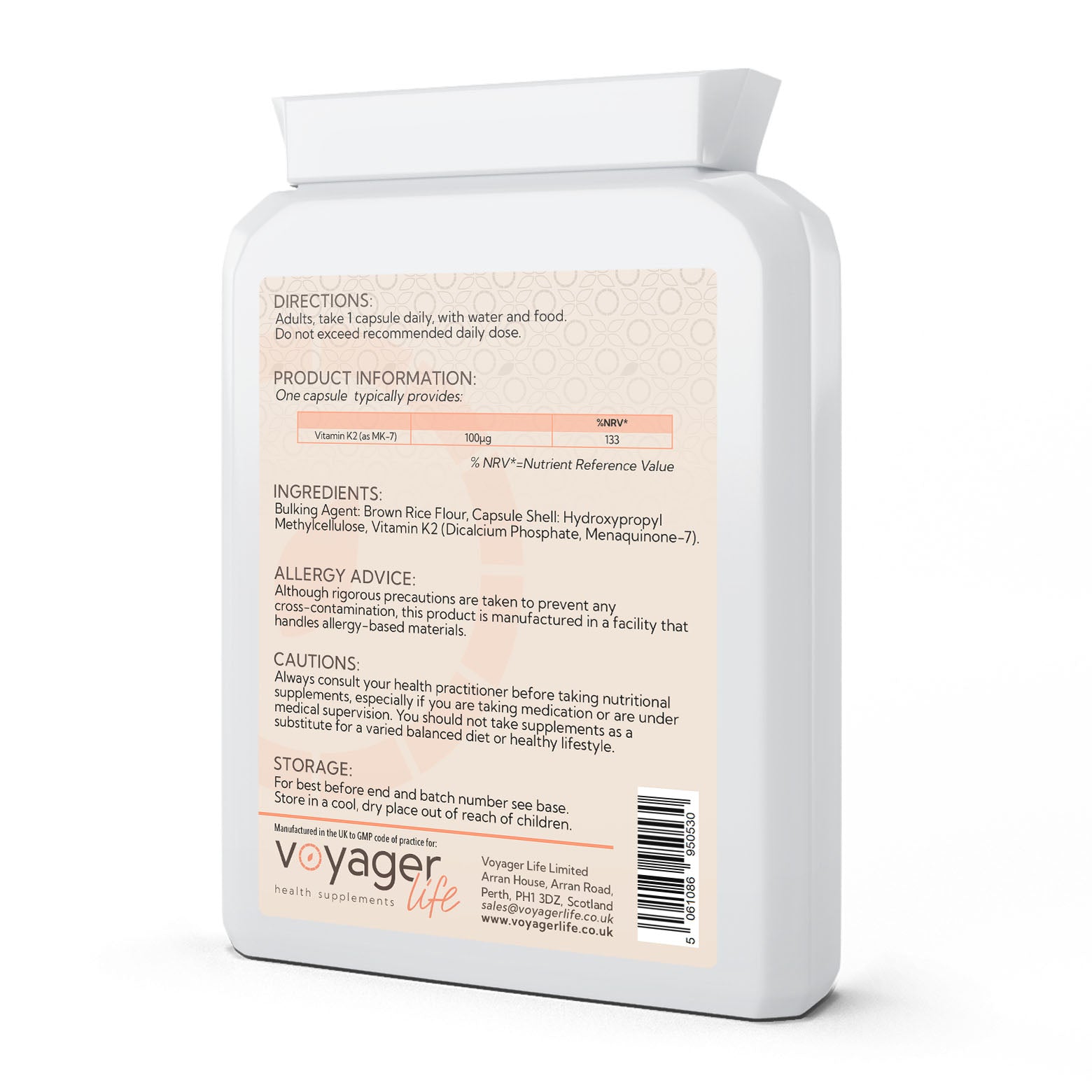 Voyager Vitamin K2 MK-7 100µg 120 Capsules - back view