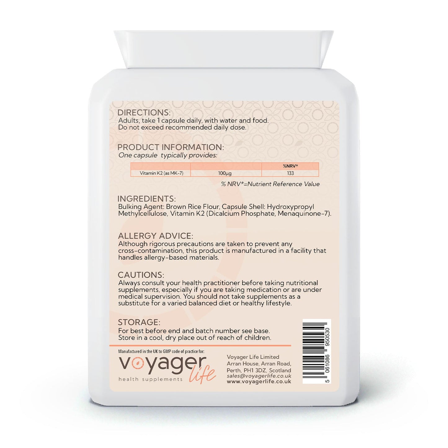 Voyager Vitamin K2 MK-7 100µg 120 Capsules - back view