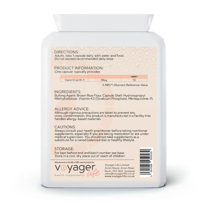 Voyager Vitamin K2 MK-7 100µg 120 Capsules - back view